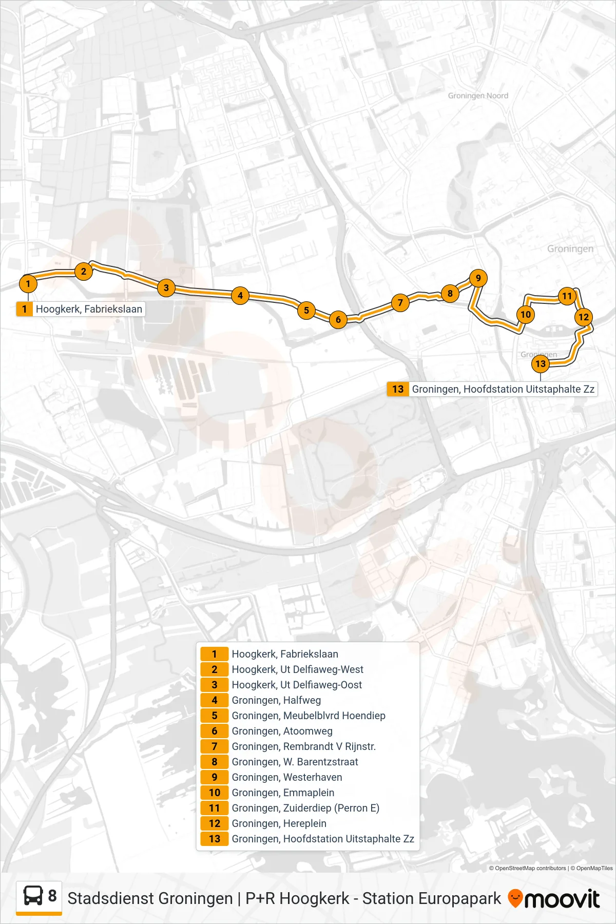 Lijn 8 (bus, Hoofdstation): route en haltes op de kaart