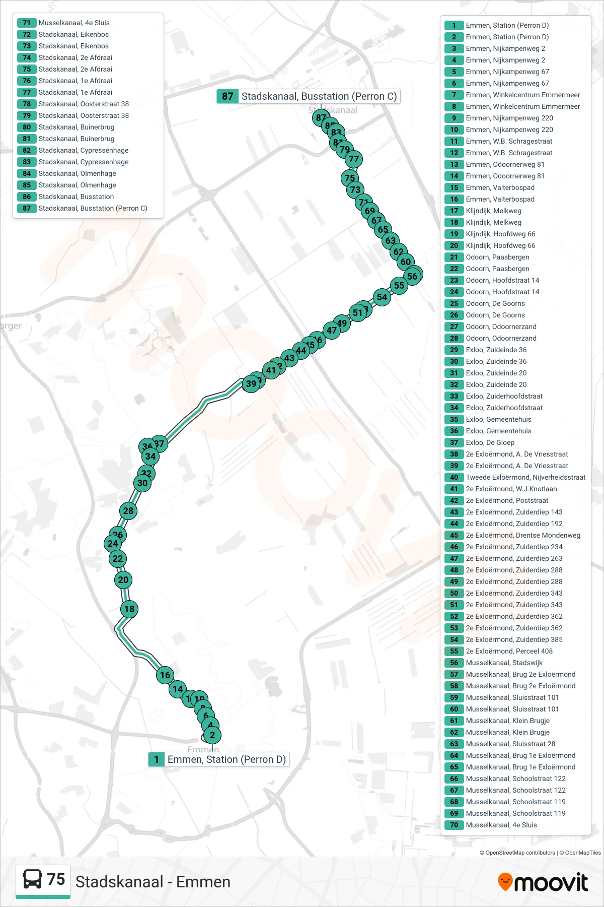 Lijn 75 (bus, Stadskanaal): route en haltes op de kaart