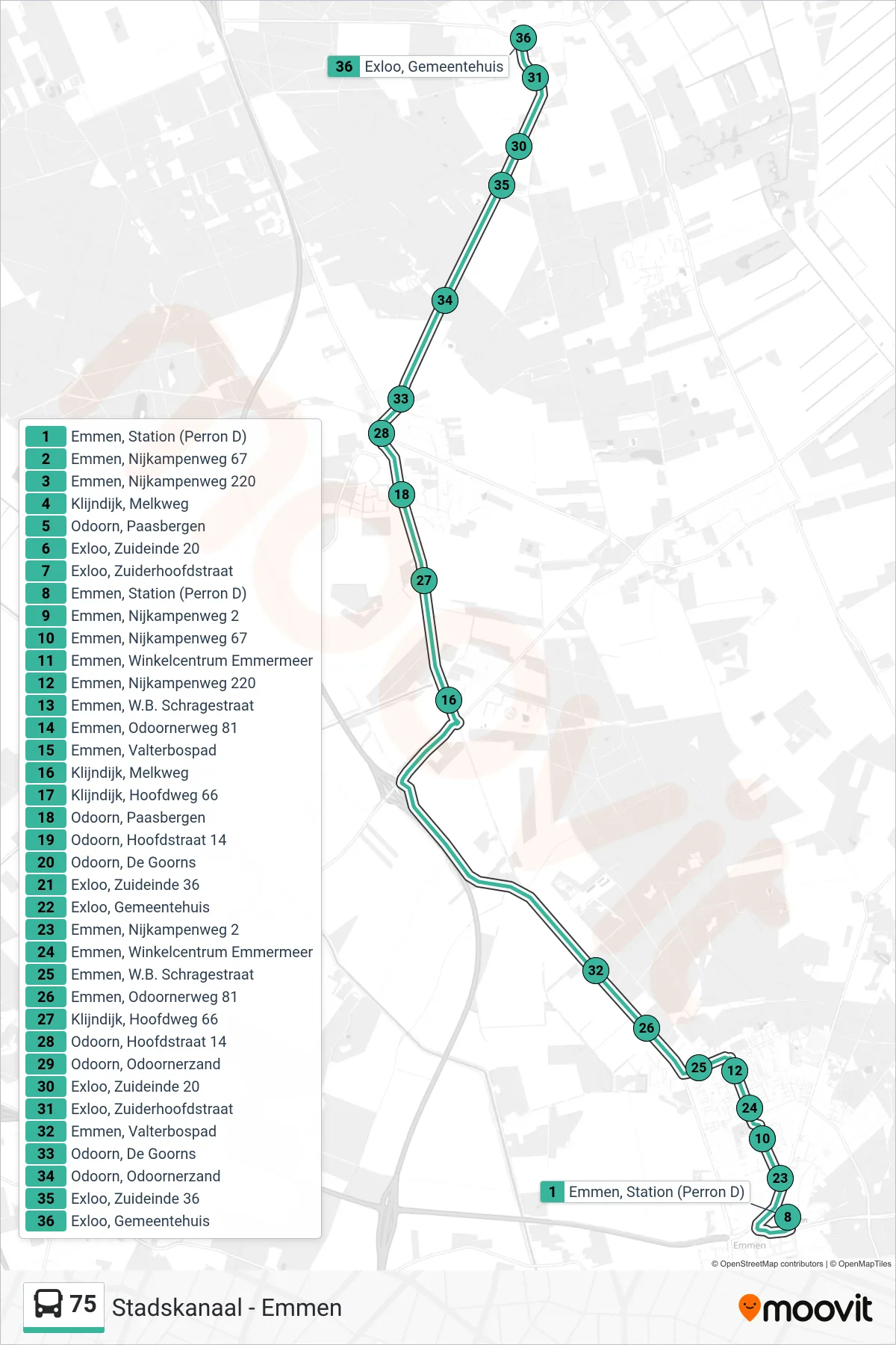 Linie 75 (Bus) Richtung Exloo: Route und Haltestellen auf der Karte