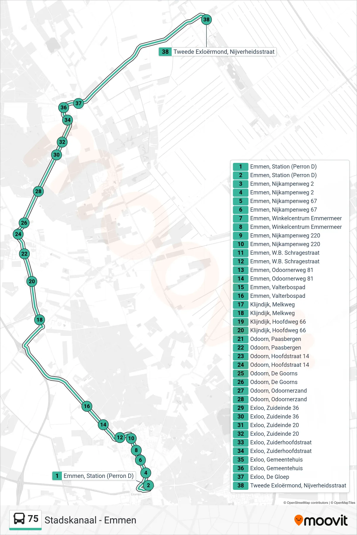 Lijn 75 (bus, 2e Exloërmond): route en haltes op de kaart