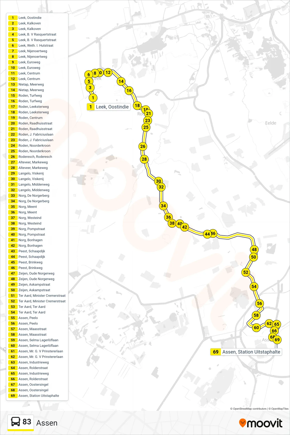 Lijn 83 (bus, Assen): route en haltes op de kaart