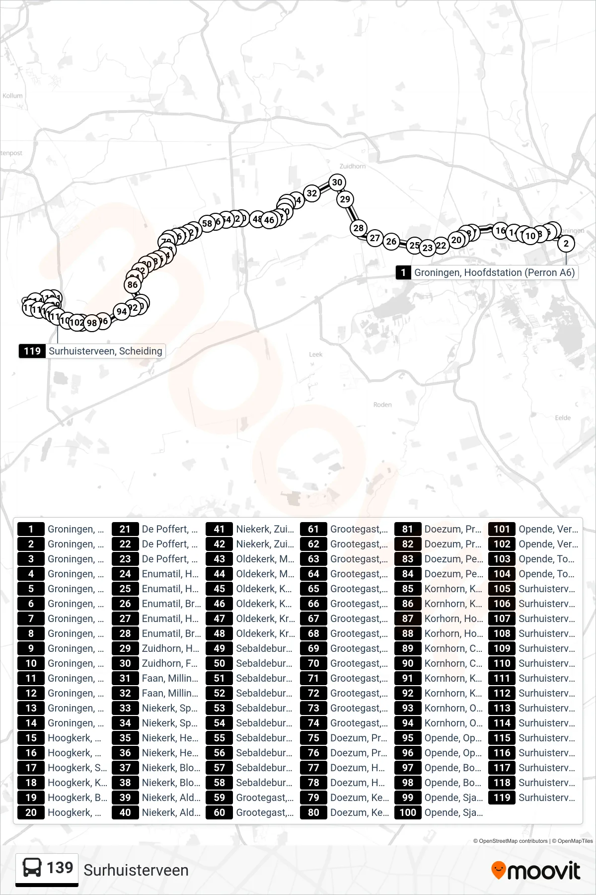 Lijn 139 (bus, Surhuisterveen): route en haltes op de kaart