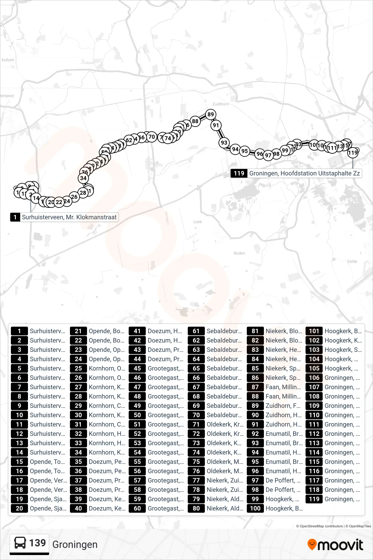 Linie 139 (Bus) Richtung Groningen: Route und Haltestellen auf der Karte