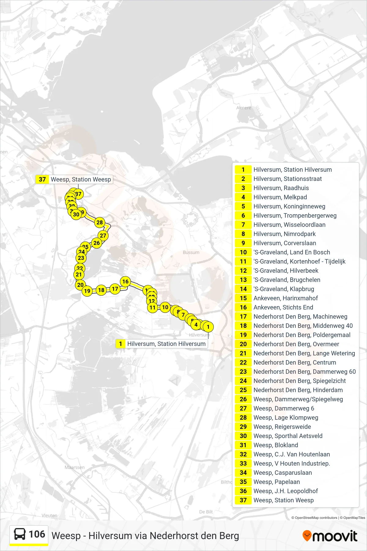 Lijn 106 (bus, Weesp Station): route en haltes op de kaart