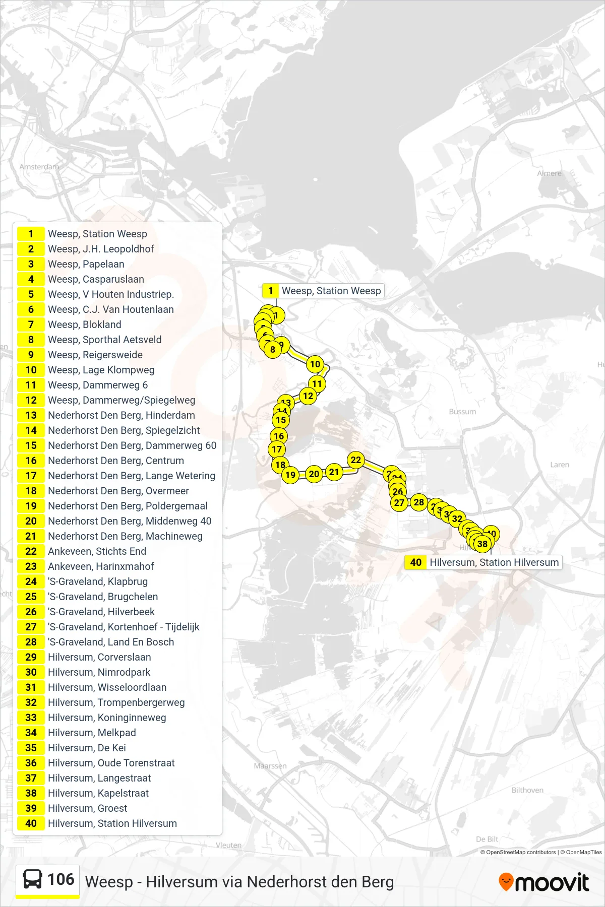 Lijn 106 (bus, Hilversum Station): route en haltes op de kaart