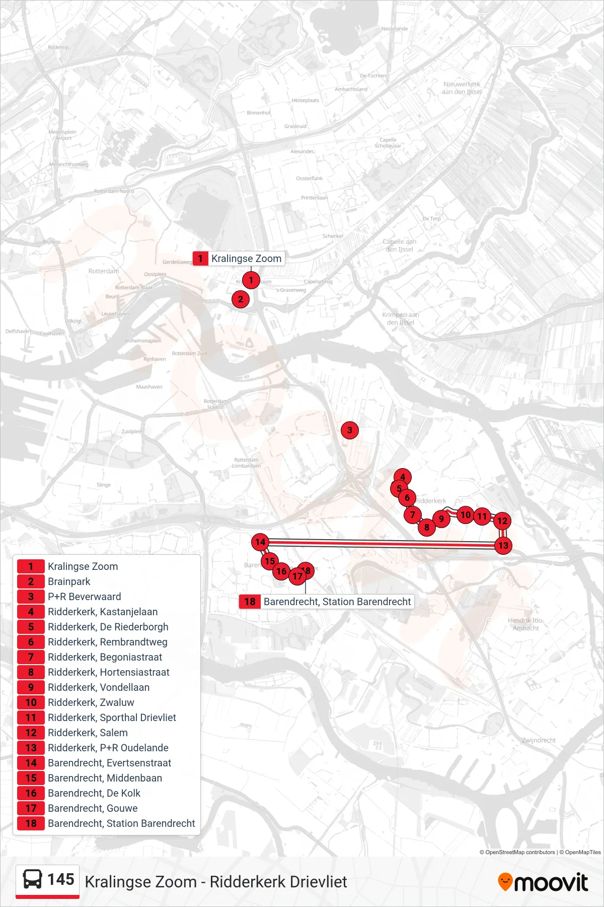 Lijn 145 (bus, Barendrecht): route en haltes op de kaart