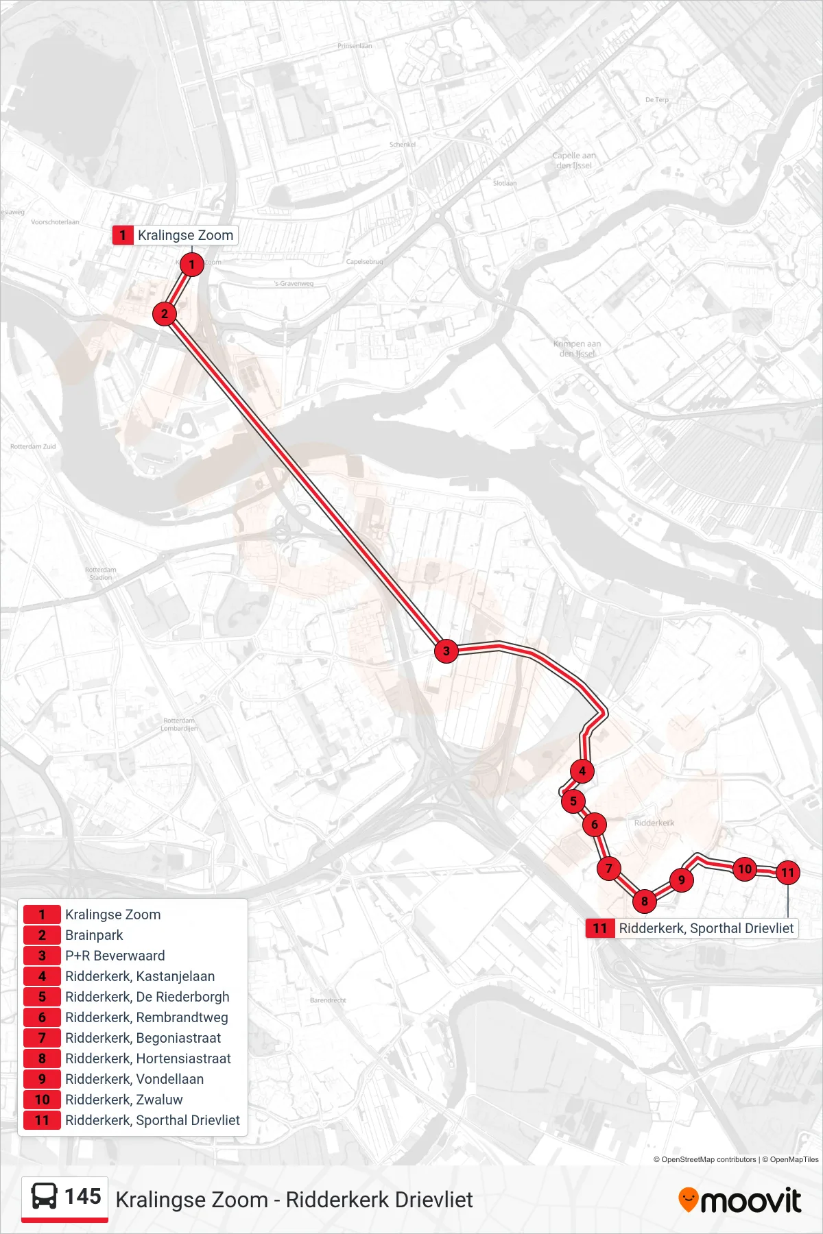 Lijn 145 (bus, Ridderkerk Drievliet): route en haltes op de kaart