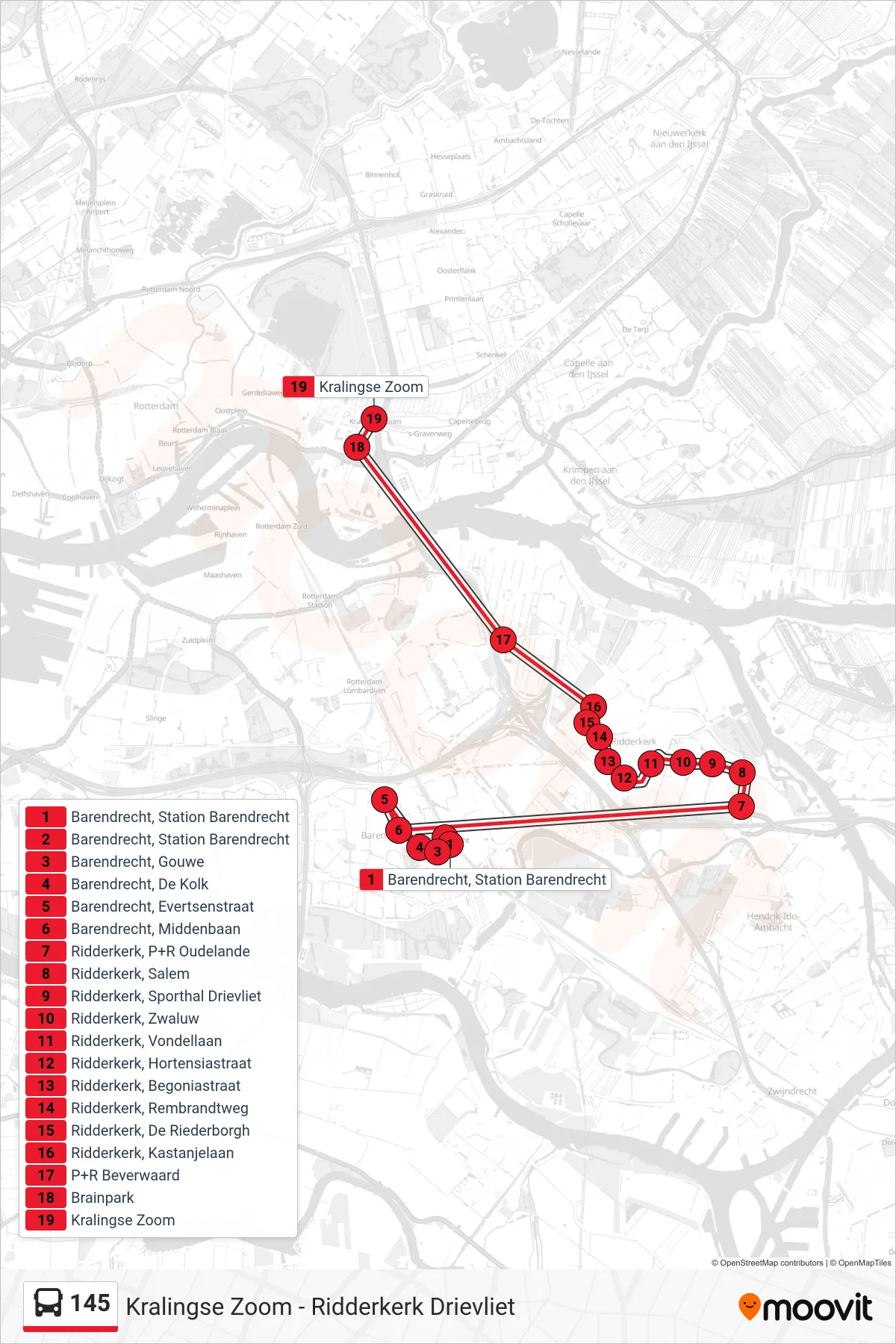 Lijn 145 (bus, Kralingse Zoom): route en haltes op de kaart