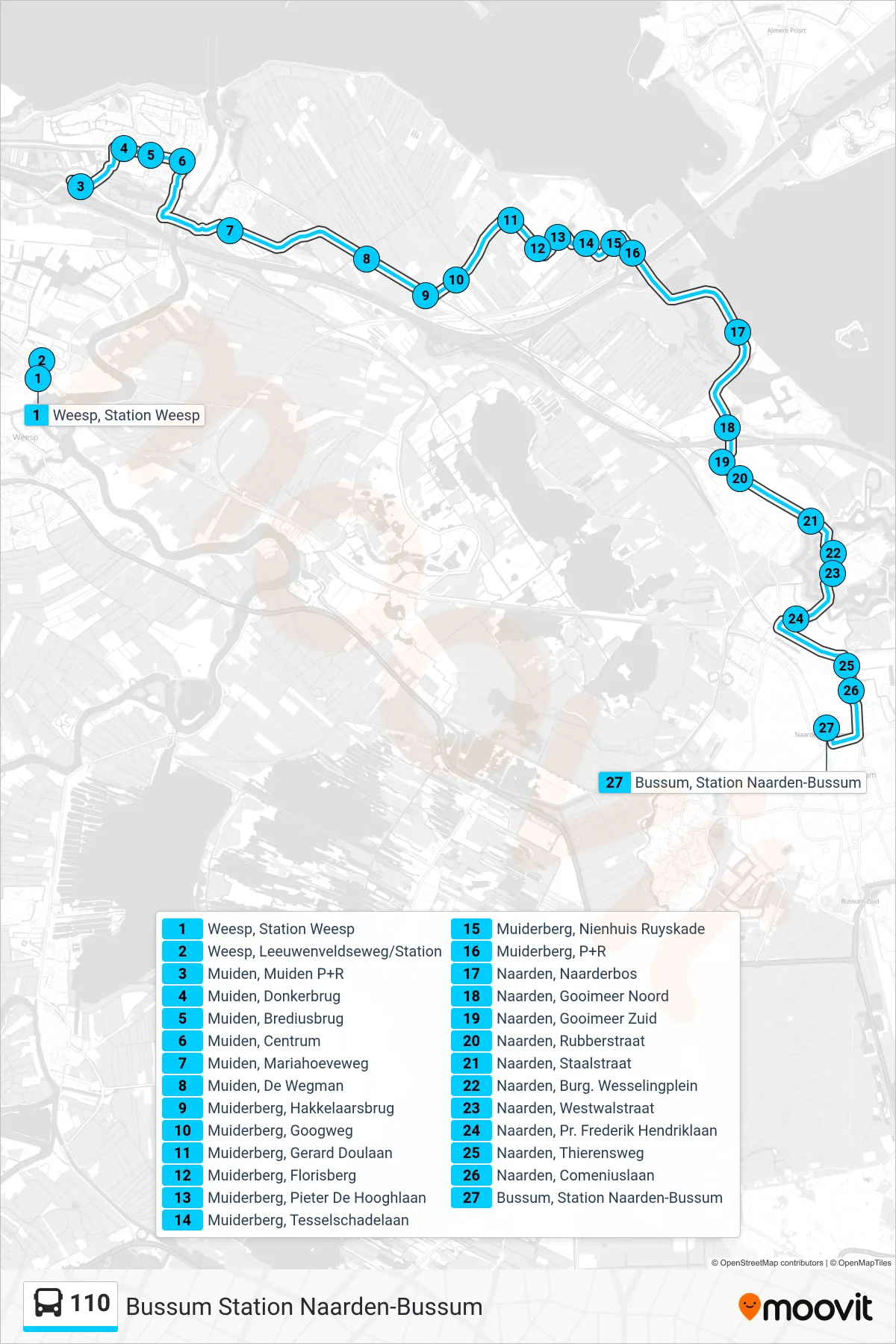 Lijn 110 (bus, Bussum Station Naarden-Bussum): route en haltes op de kaart
