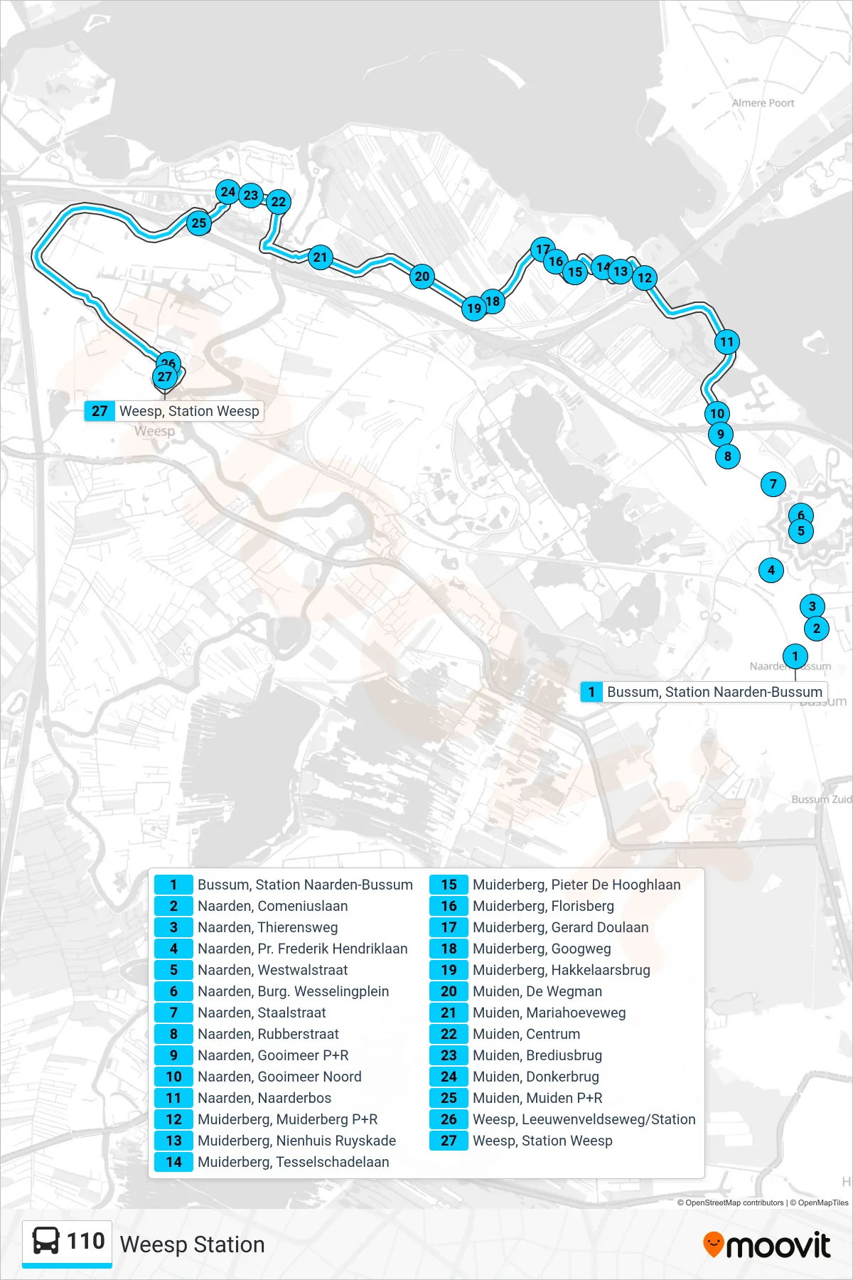 Lijn 110 (bus, Weesp Station): route en haltes op de kaart