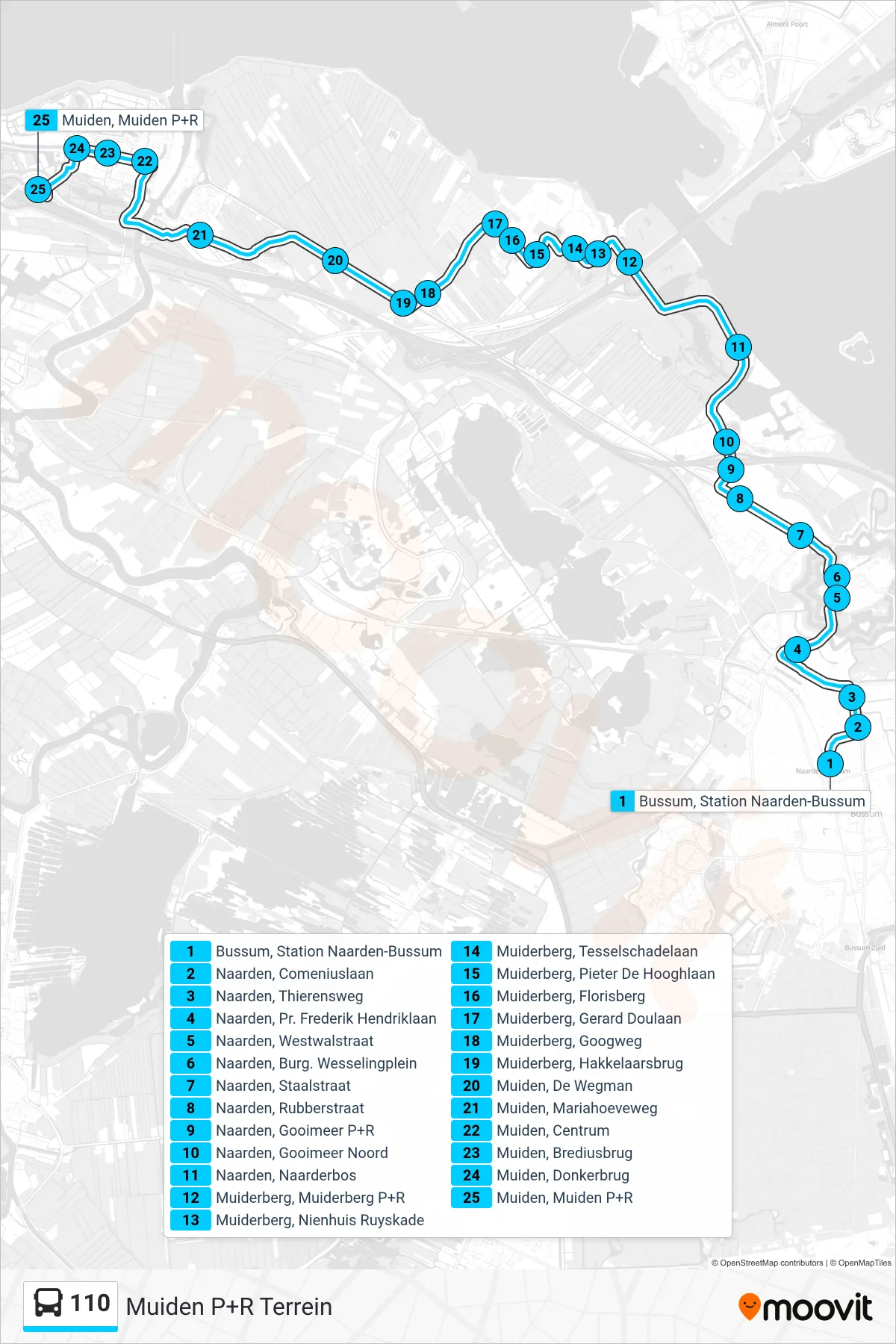 Lijn 110 (bus, Muiden P+R Terrein): route en haltes op de kaart