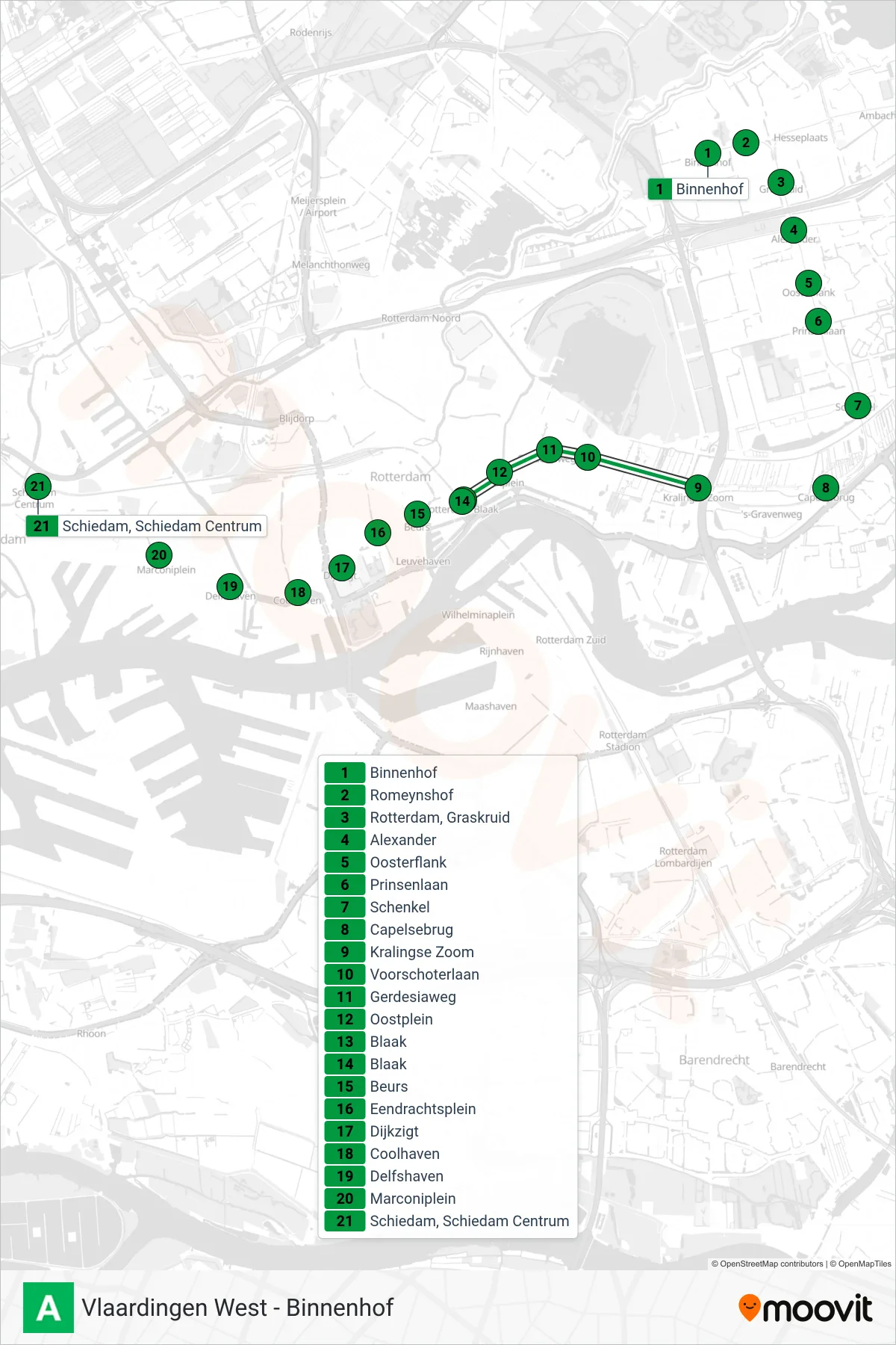 Lijn A (metro, Binnenhof): route en haltes op de kaart