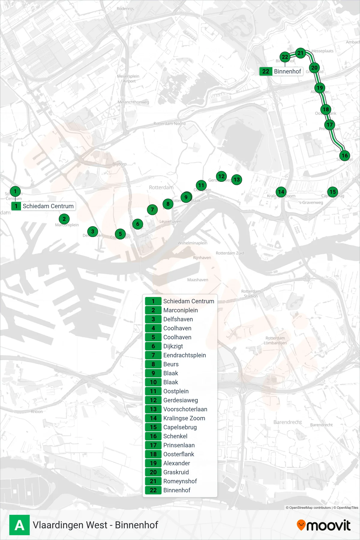 Lijn A (metro, Schiedam Centrum): route en haltes op de kaart