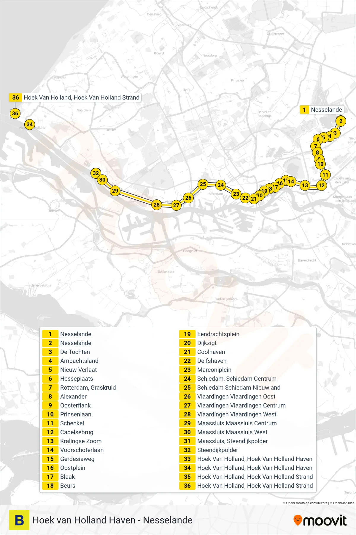 Lijn B (metro, Hoek Van Holland Haven): route en haltes op de kaart