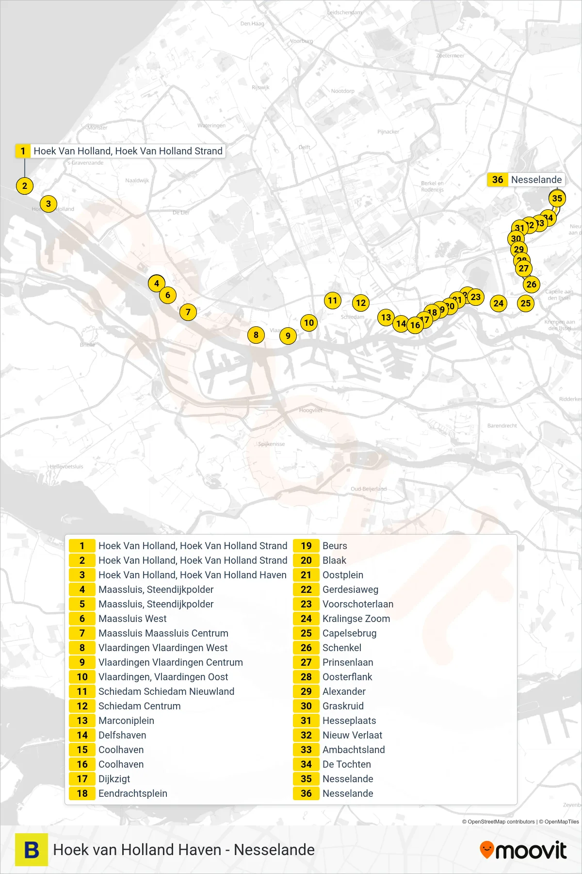 Lijn B (metro, Nesselande): route en haltes op de kaart