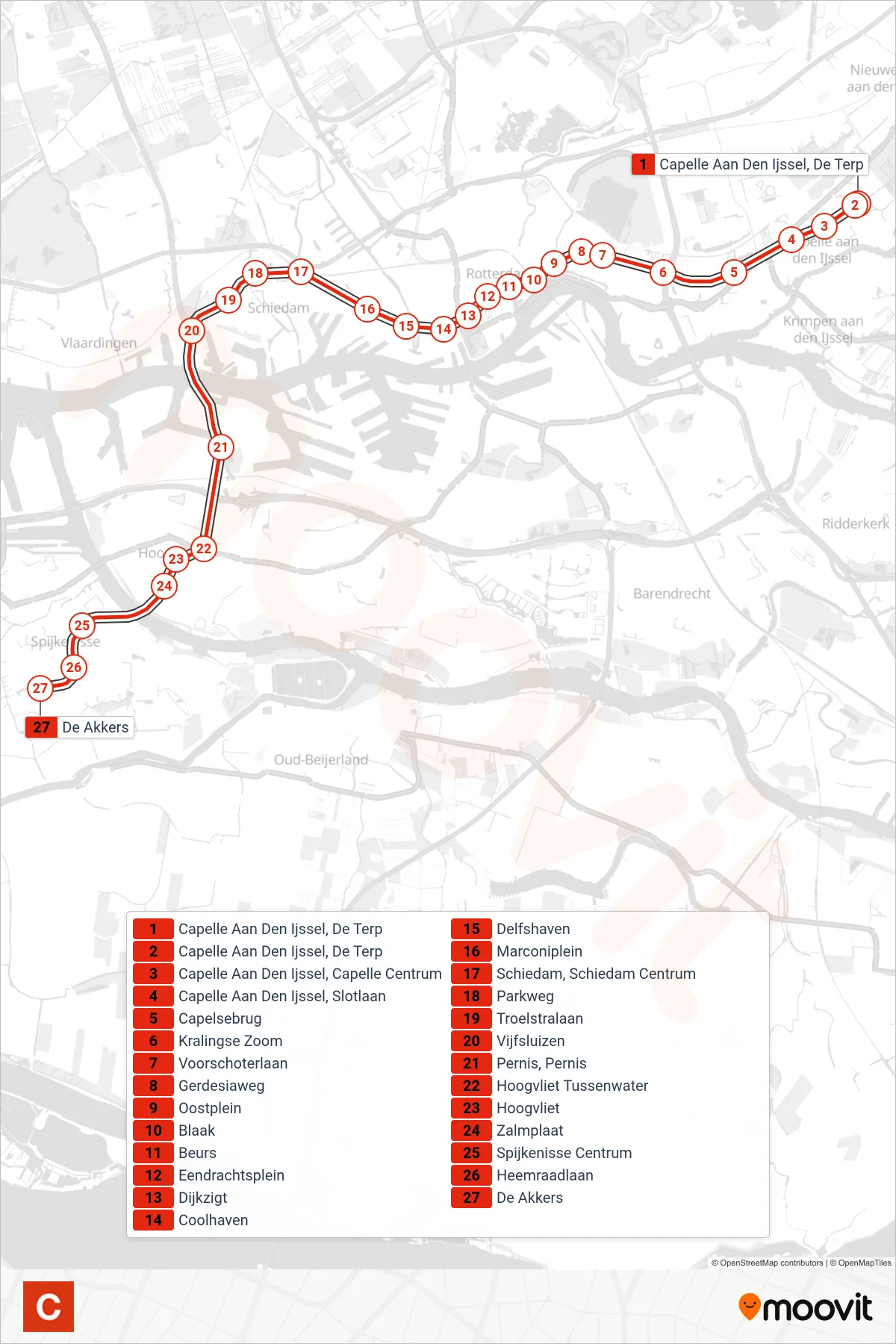 Lijn C (metro, De Akkers): route en haltes op de kaart