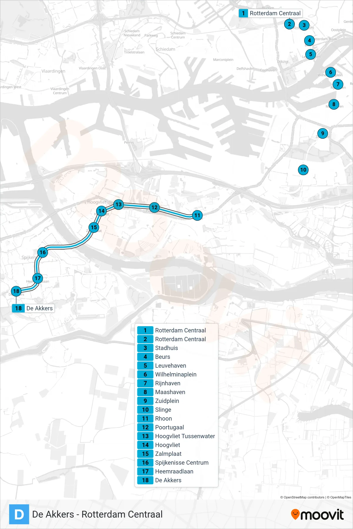 Lijn D (metro, De Akkers): route en haltes op de kaart
