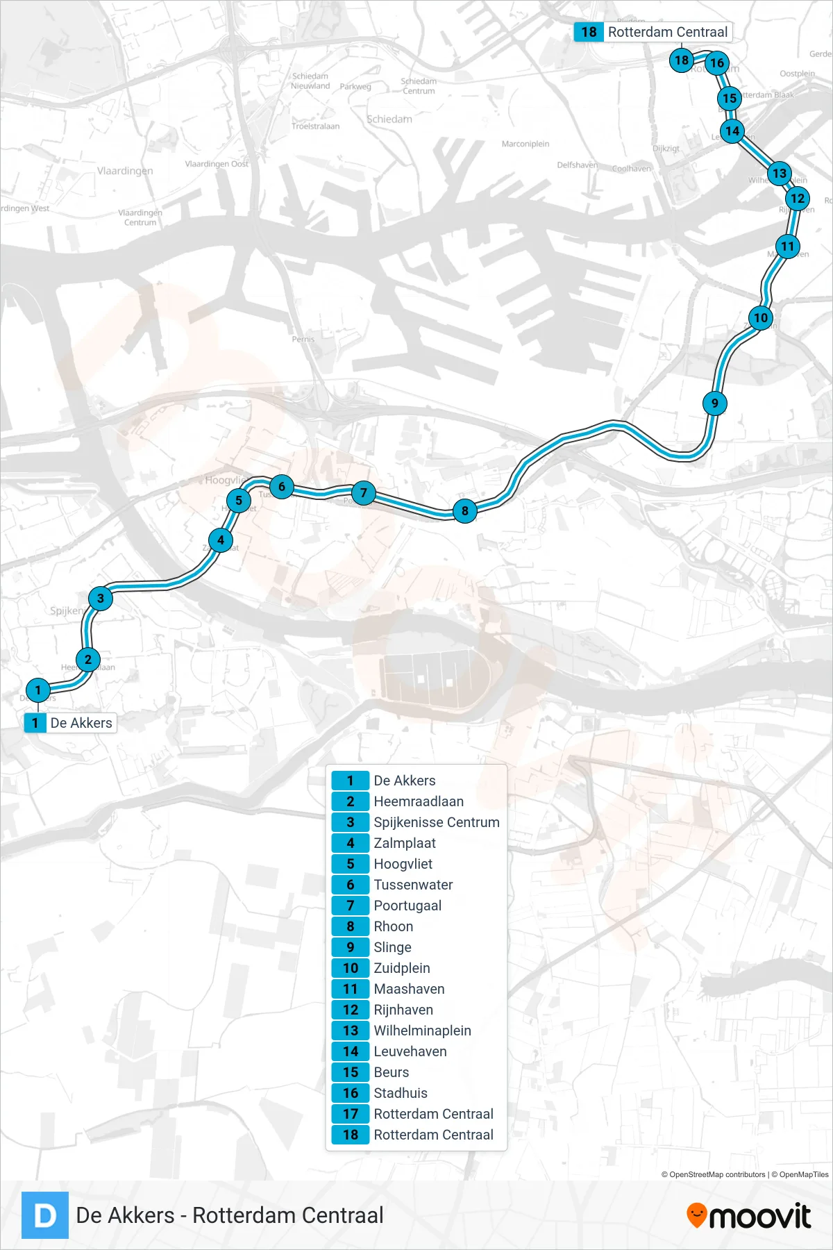 D metro Line (Rotterdam Centraal) route and stops on a map