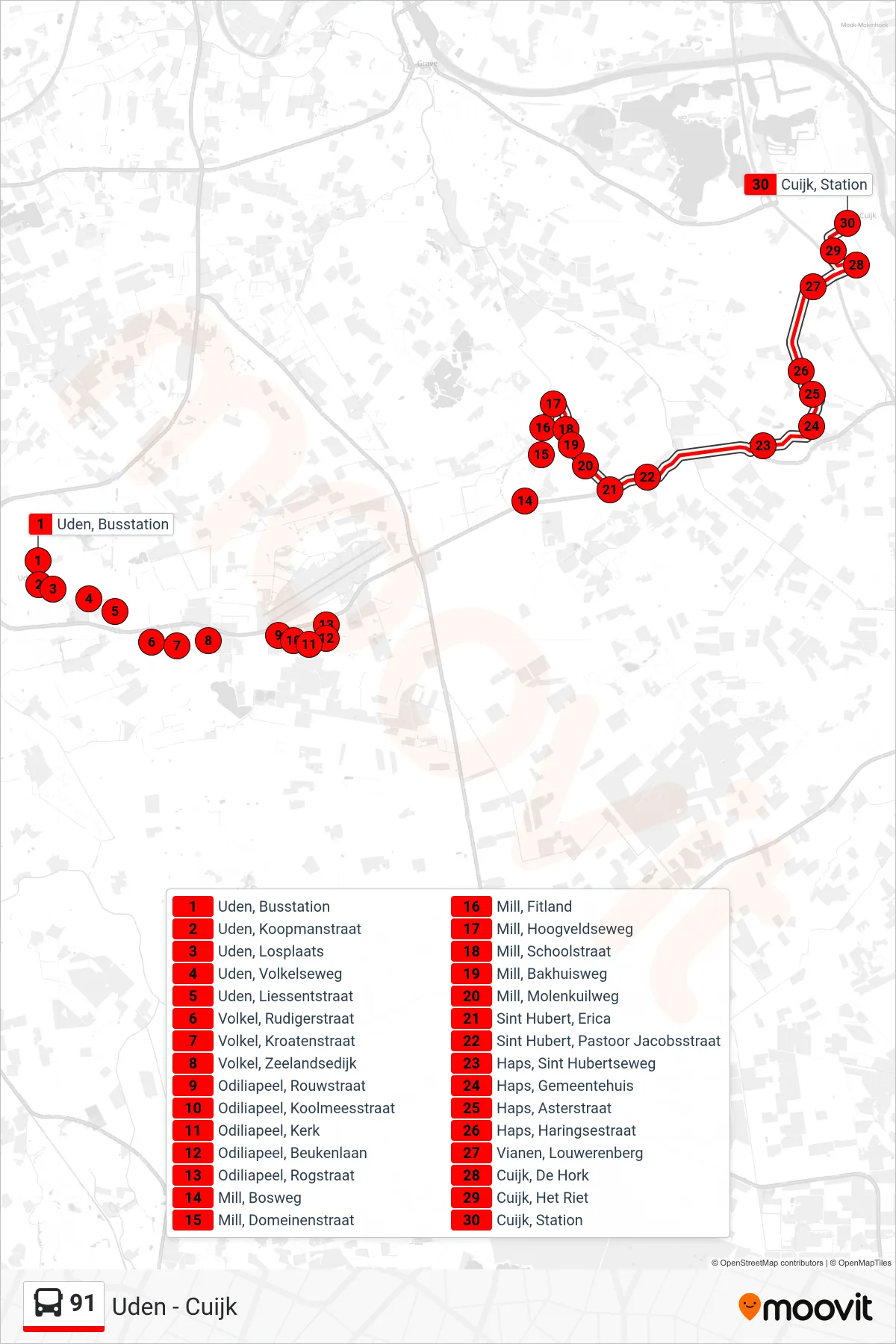 Lijn 91 (bus, Cuijk): route en haltes op de kaart