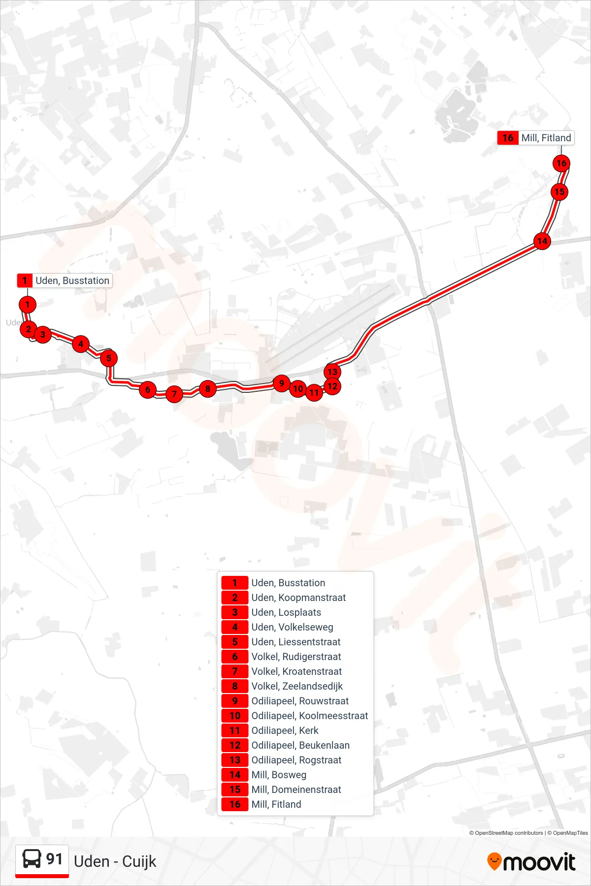 Lijn 91 (bus, Mill): route en haltes op de kaart