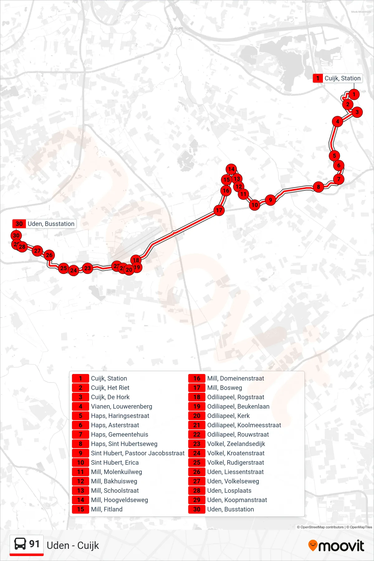 Lijn 91 (bus, Uden): route en haltes op de kaart