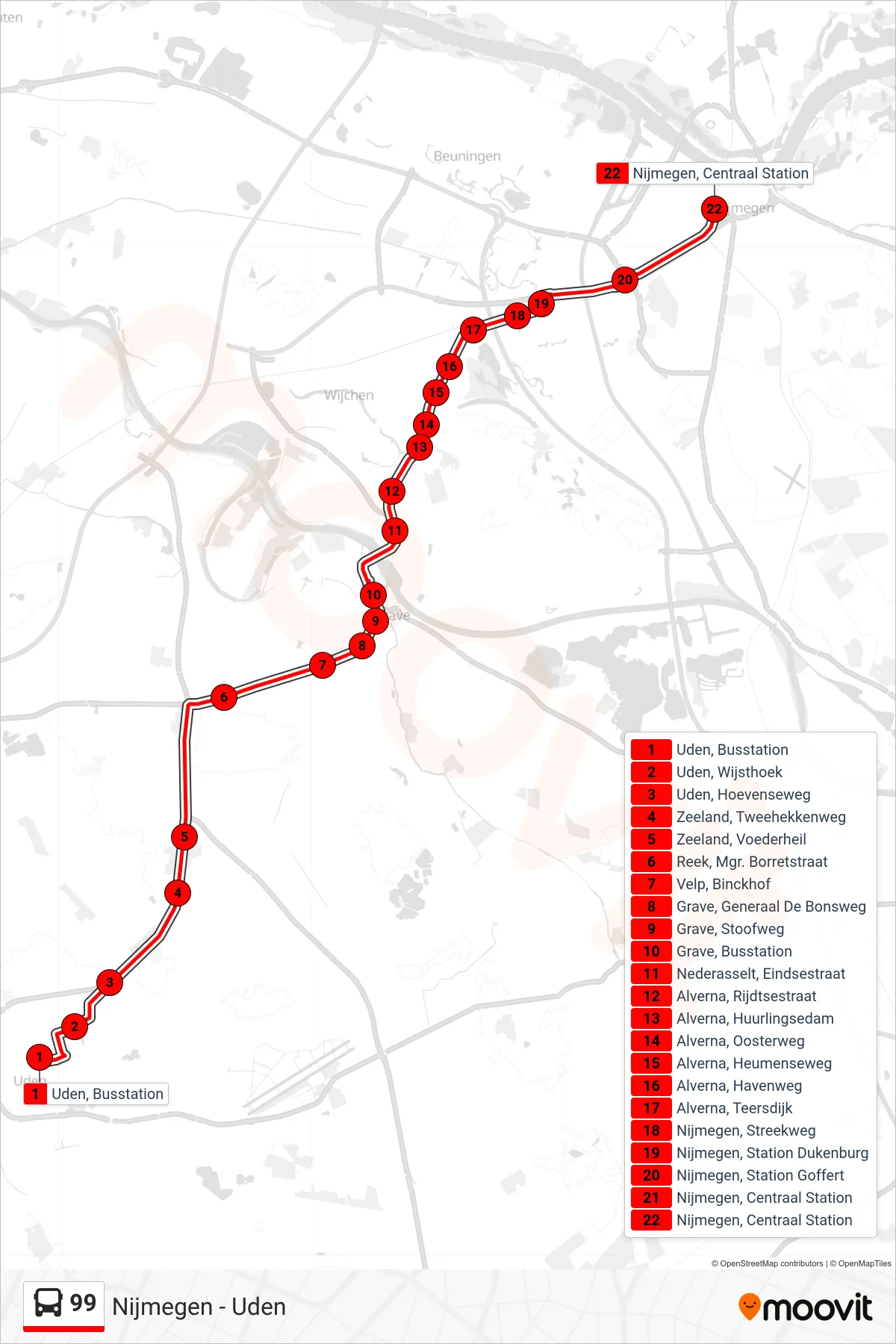 Lijn 99 (bus, Nijmegen Cs): route en haltes op de kaart