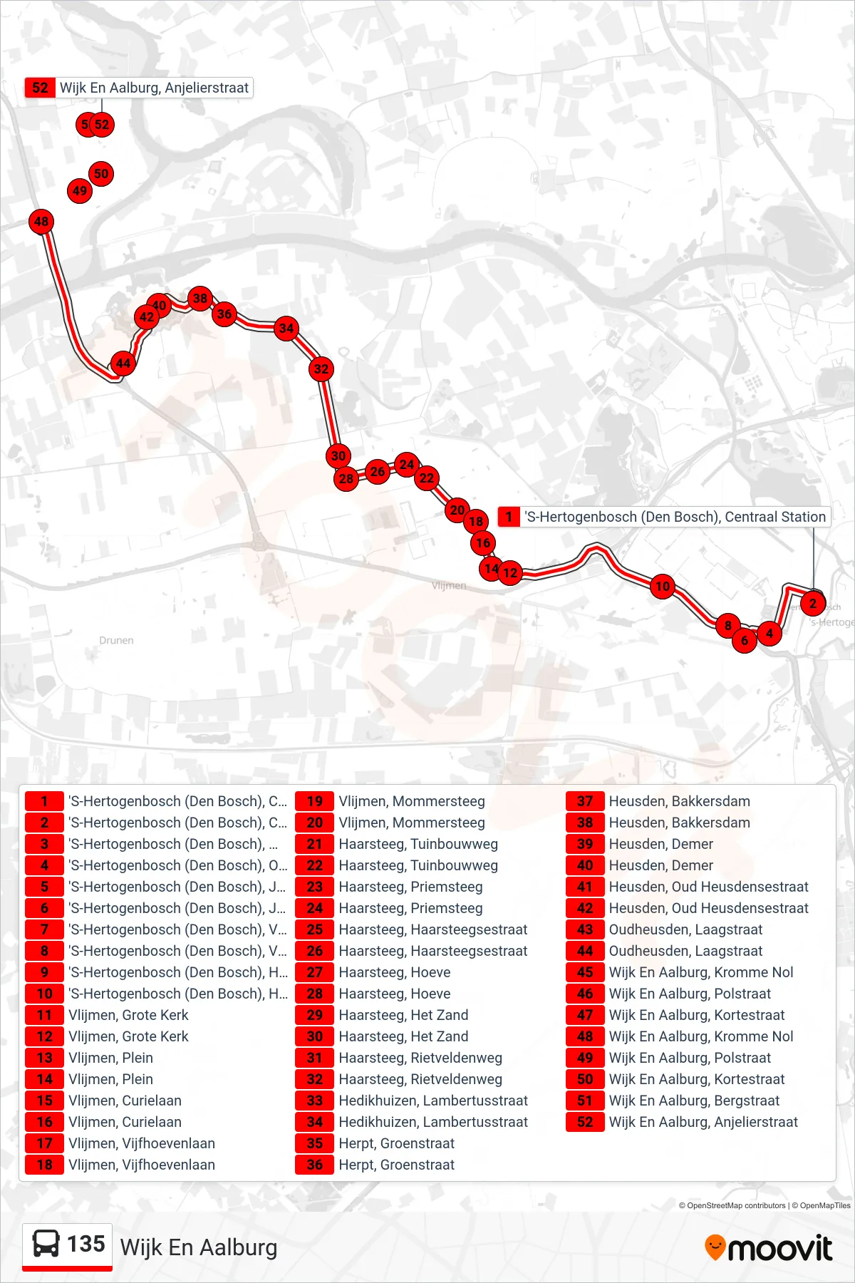 Lijn 135 (bus, Wijk En Aalburg): route en haltes op de kaart