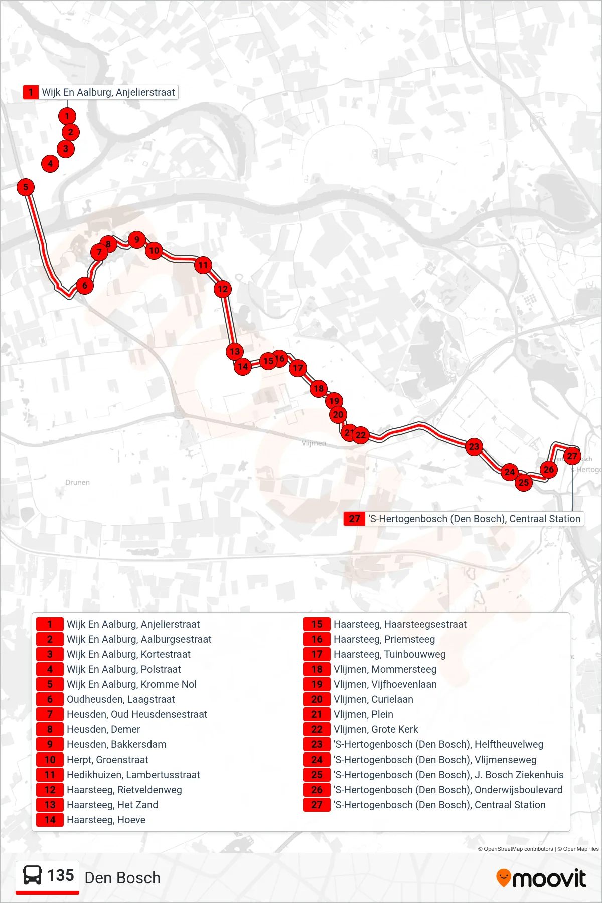 Lijn 135 (bus, Den Bosch): route en haltes op de kaart