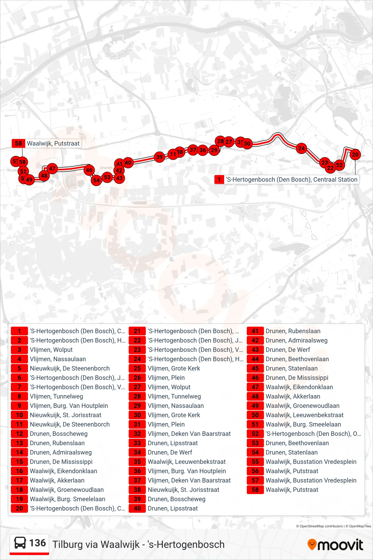 Lijn 136 (bus, Waalwijk): route en haltes op de kaart