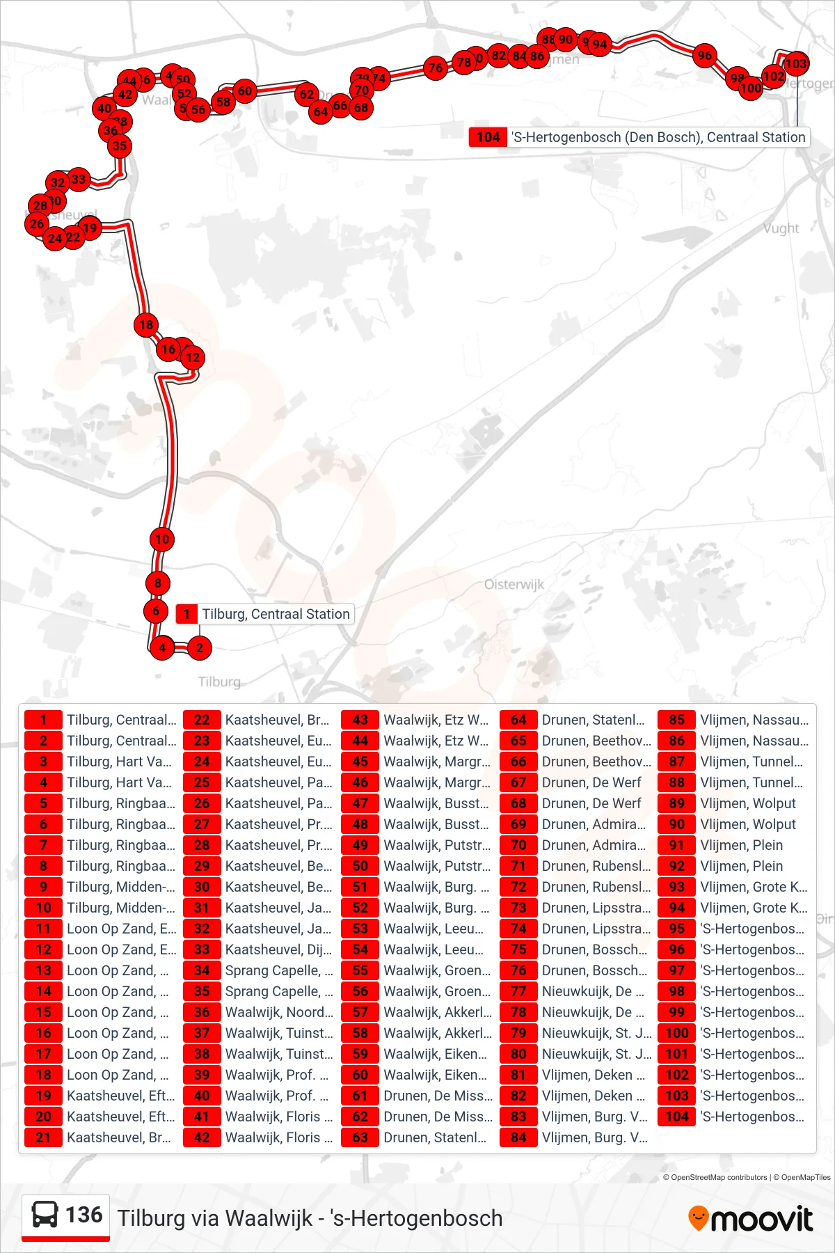 Lijn 136 (bus, Den Bosch): route en haltes op de kaart