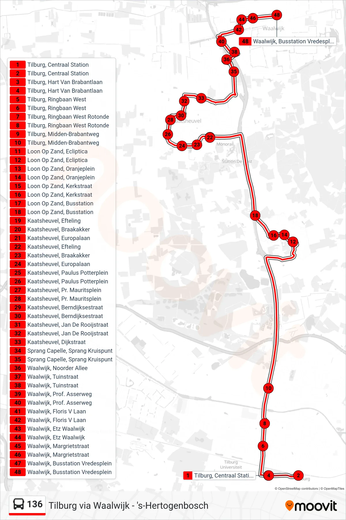 Lijn 136 (bus, Waalwijk): route en haltes op de kaart