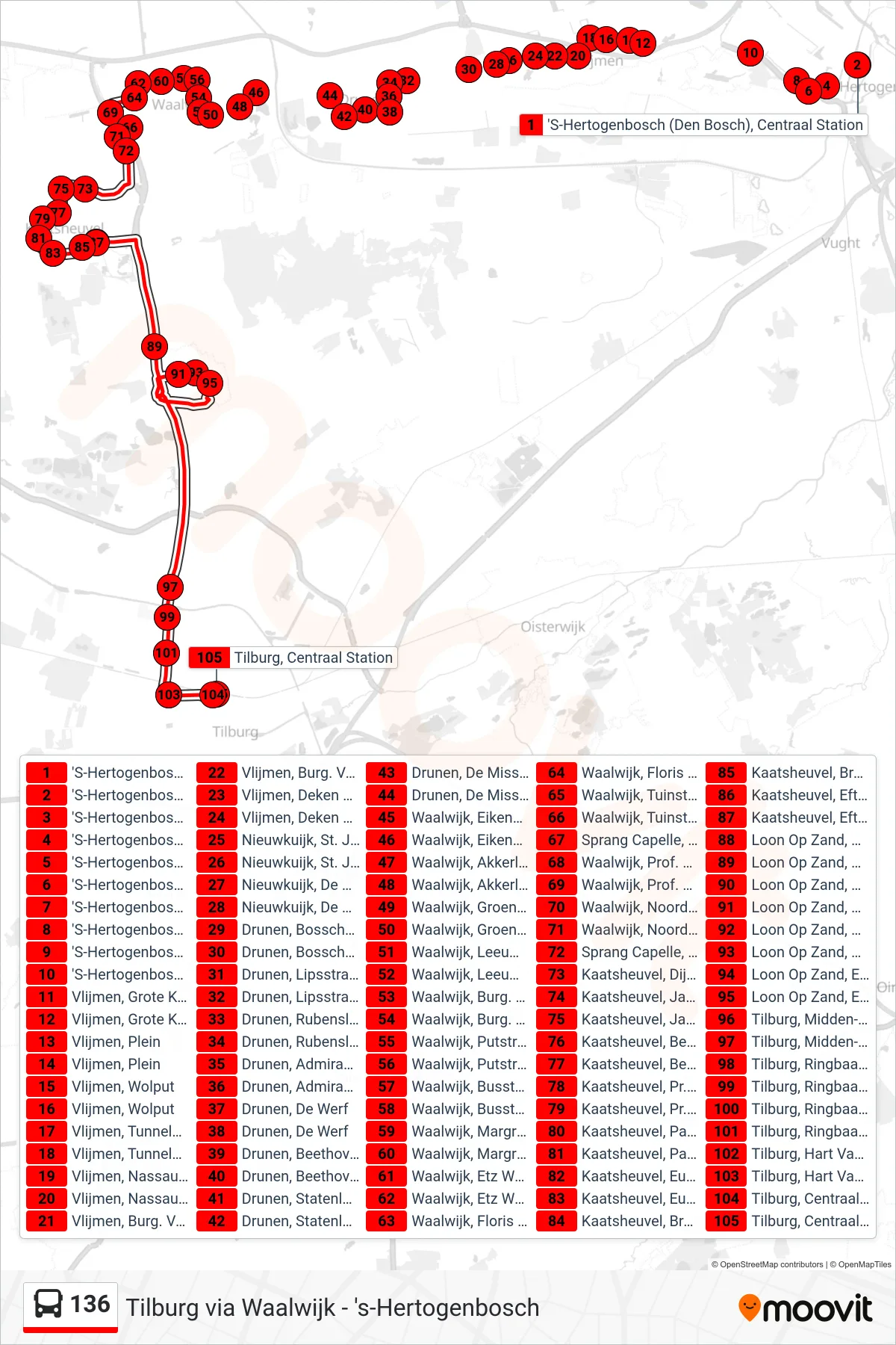 136 bus Line (Tilburg) route and stops on a map