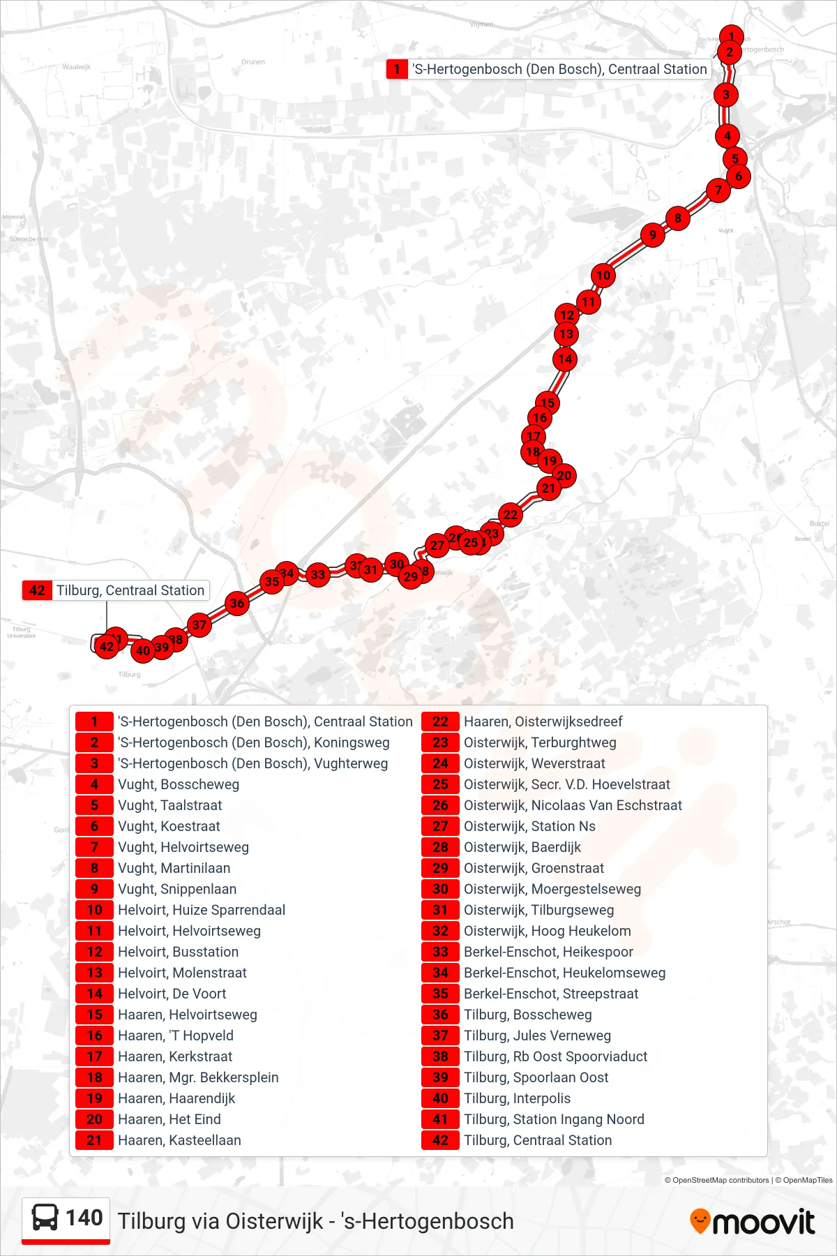 Lijn 140 (bus, Tilburg): route en haltes op de kaart