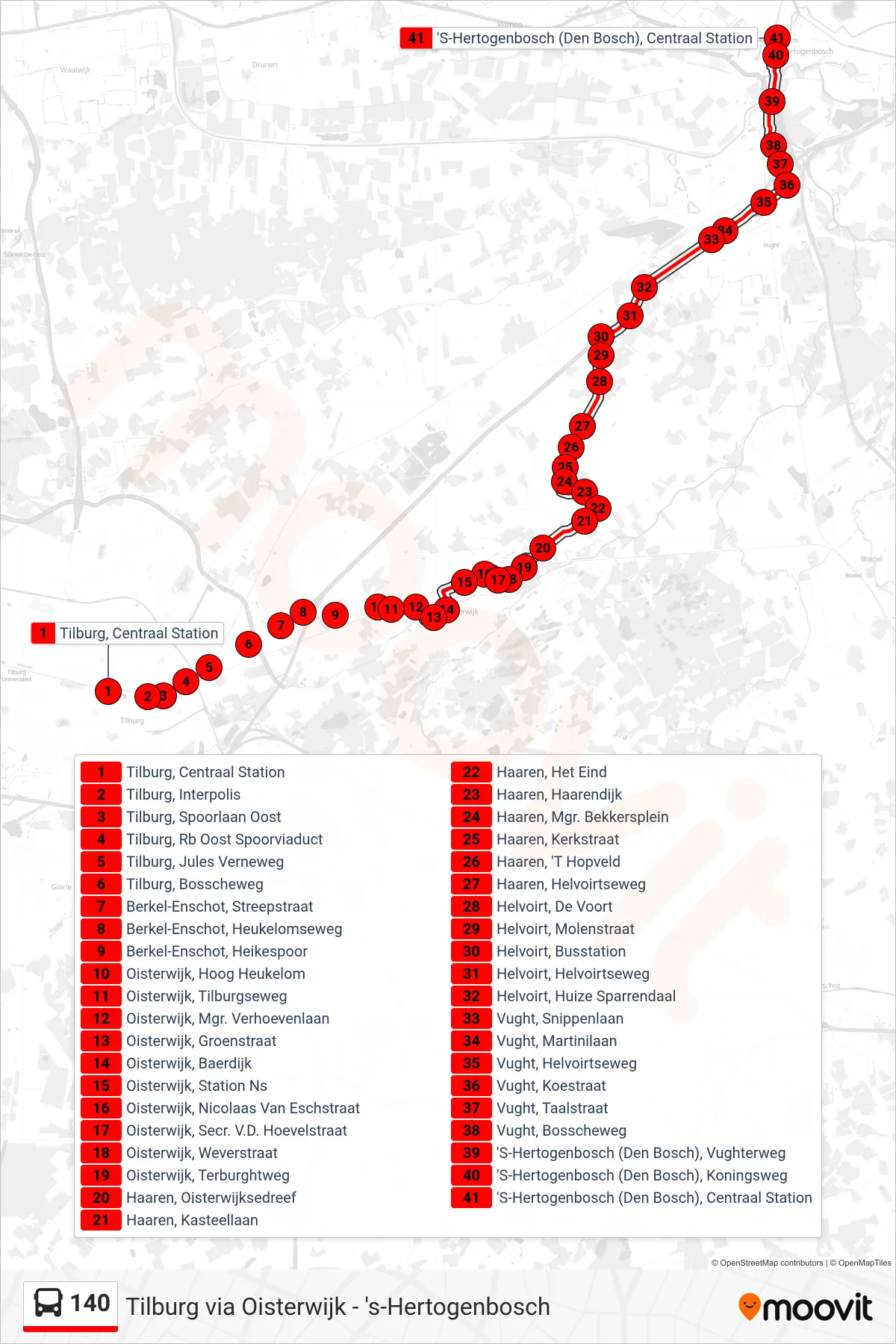 Lijn 140 (bus, Den Bosch): route en haltes op de kaart
