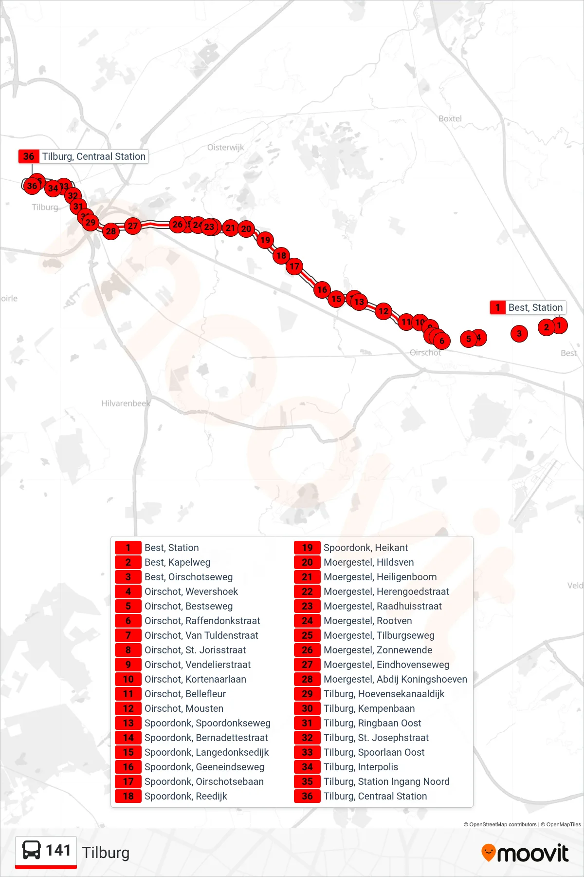 141 bus Line (Tilburg) route and stops on a map
