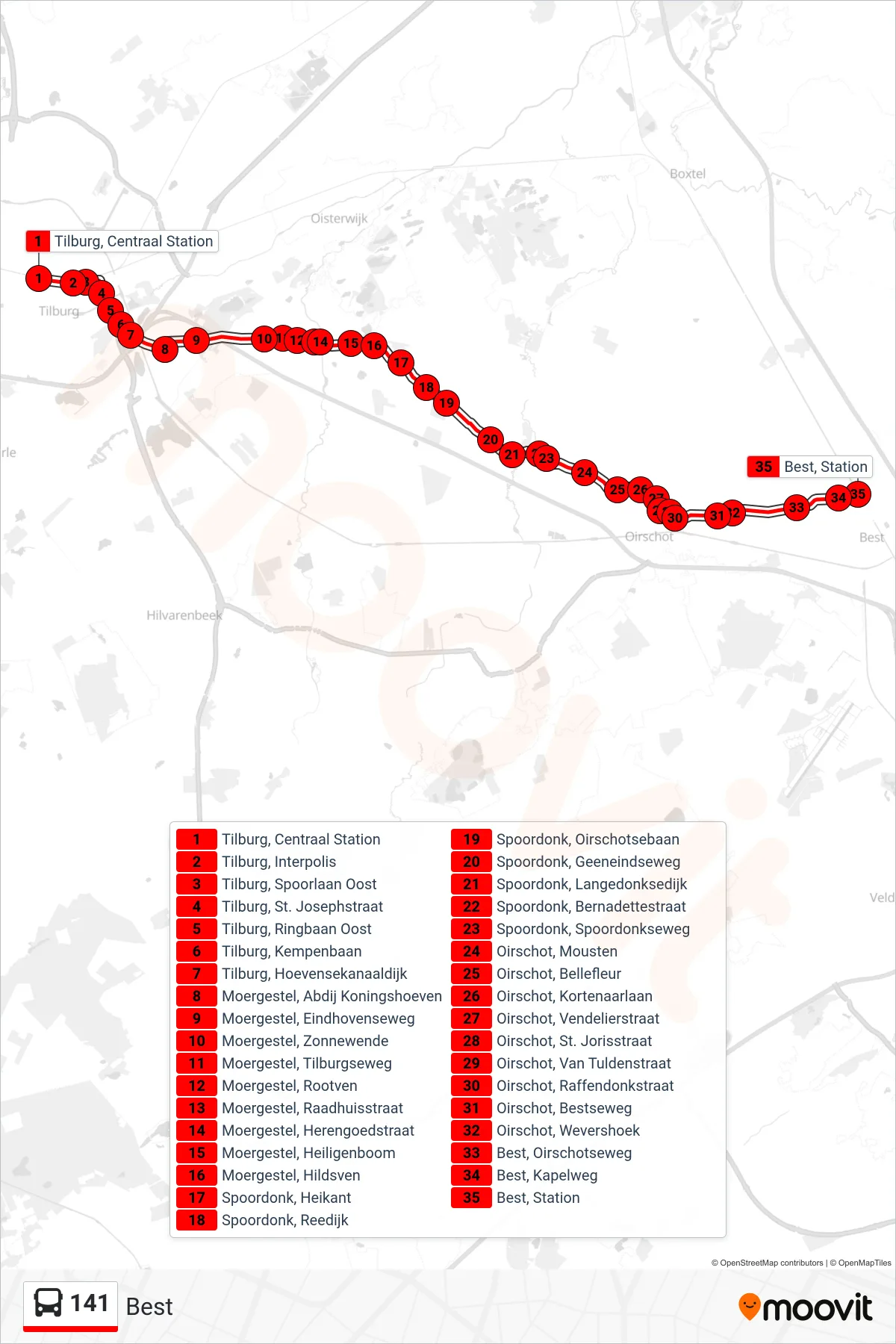 Lijn 141 (bus, Best): route en haltes op de kaart
