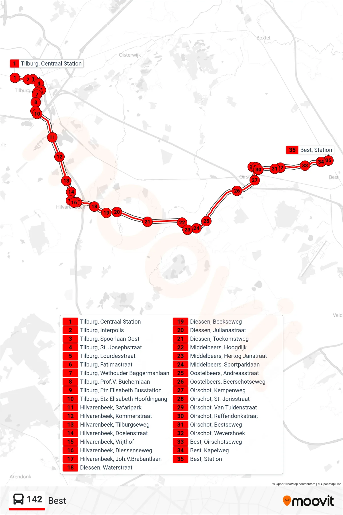 Lijn 142 (bus, Best): route en haltes op de kaart