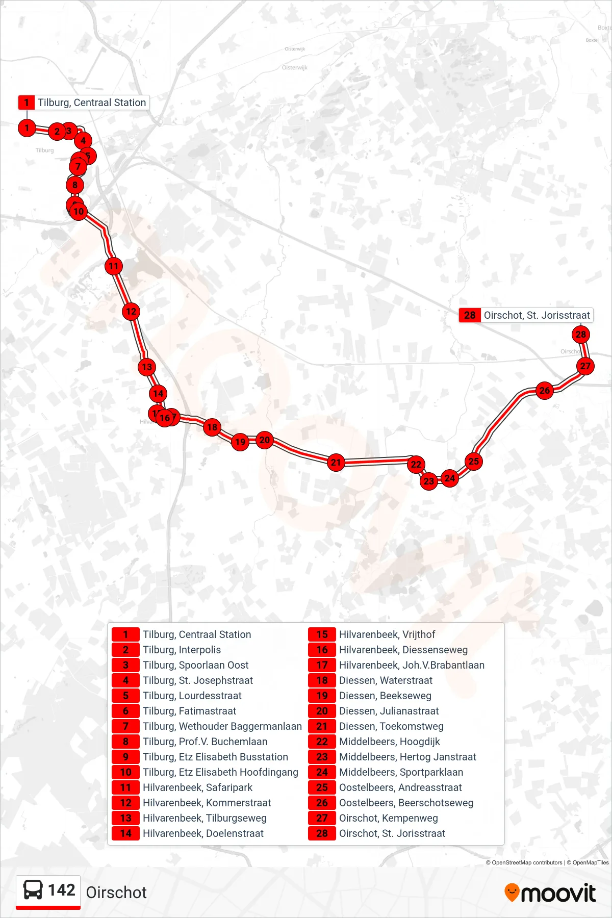 142 bus Line (Oirschot) route and stops on a map