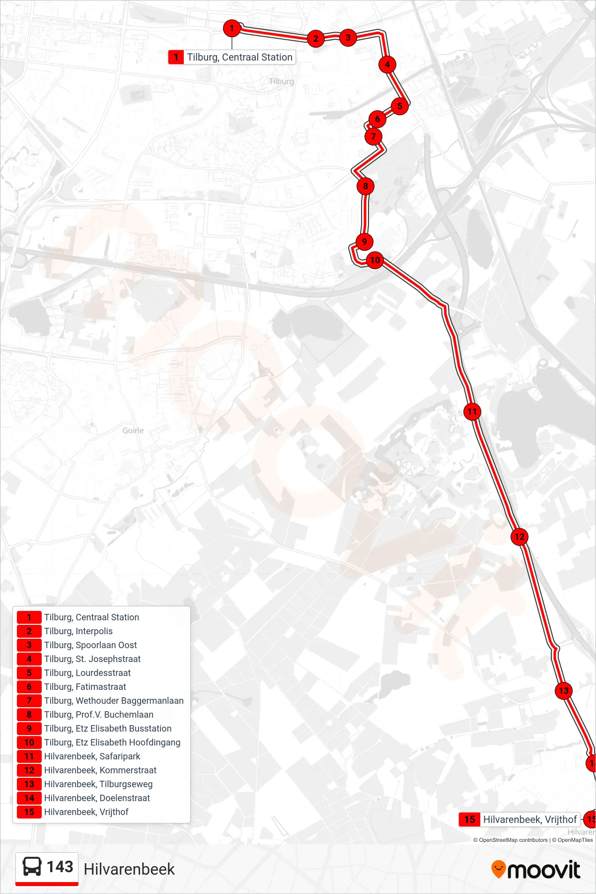 Lijn 143 (bus, Hilvarenbeek): route en haltes op de kaart