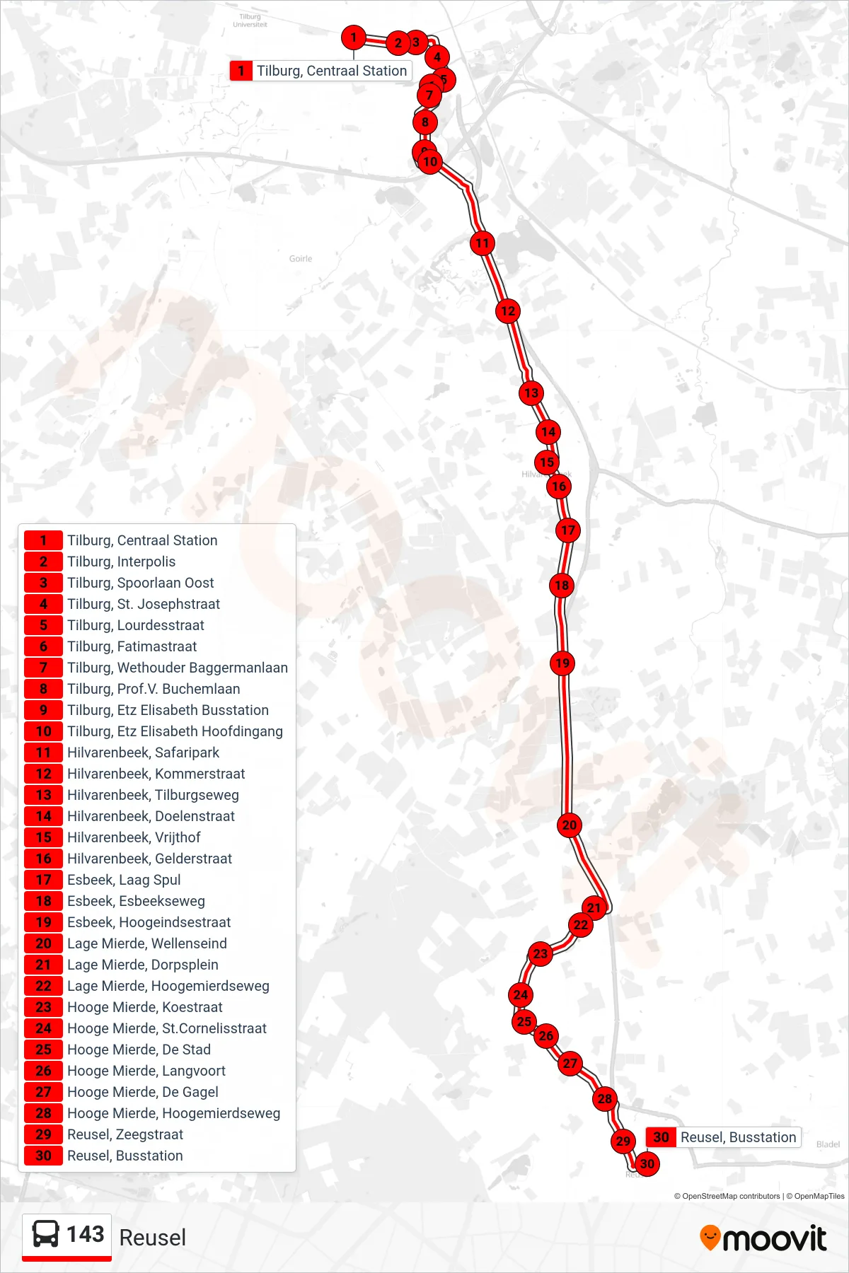 Lijn 143 (bus, Reusel): route en haltes op de kaart