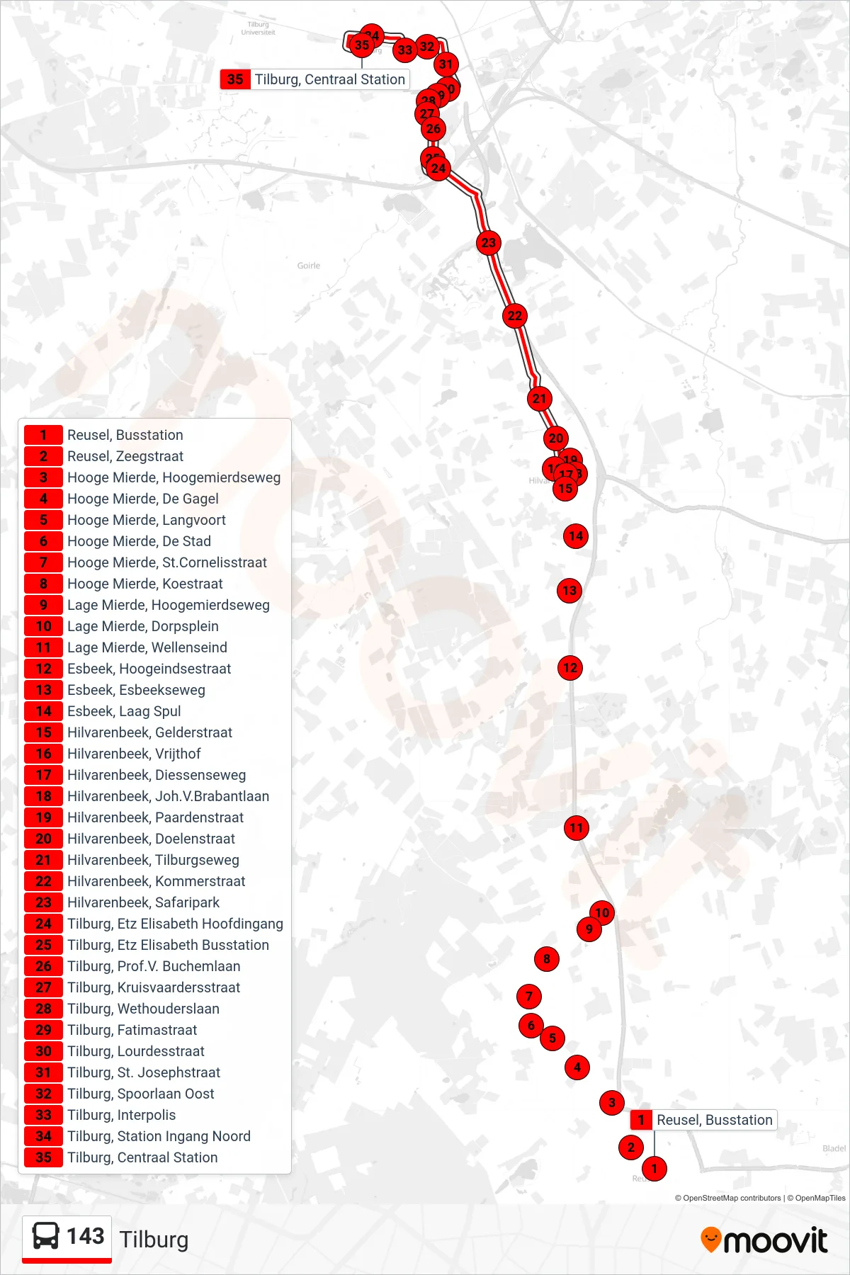 Lijn 143 (bus, Tilburg): route en haltes op de kaart