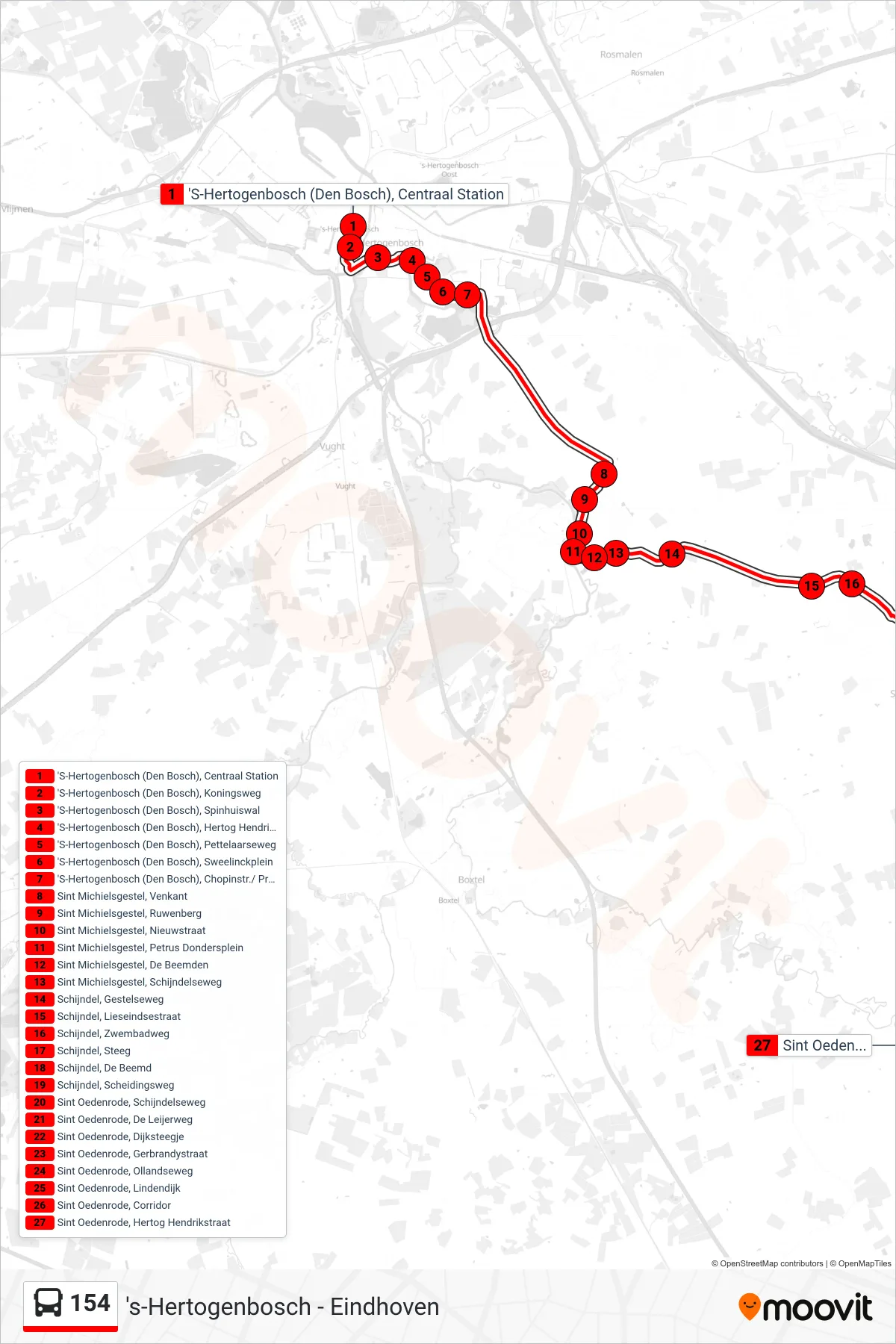 Lijn 154 (bus, Sint Oedenrode): route en haltes op de kaart