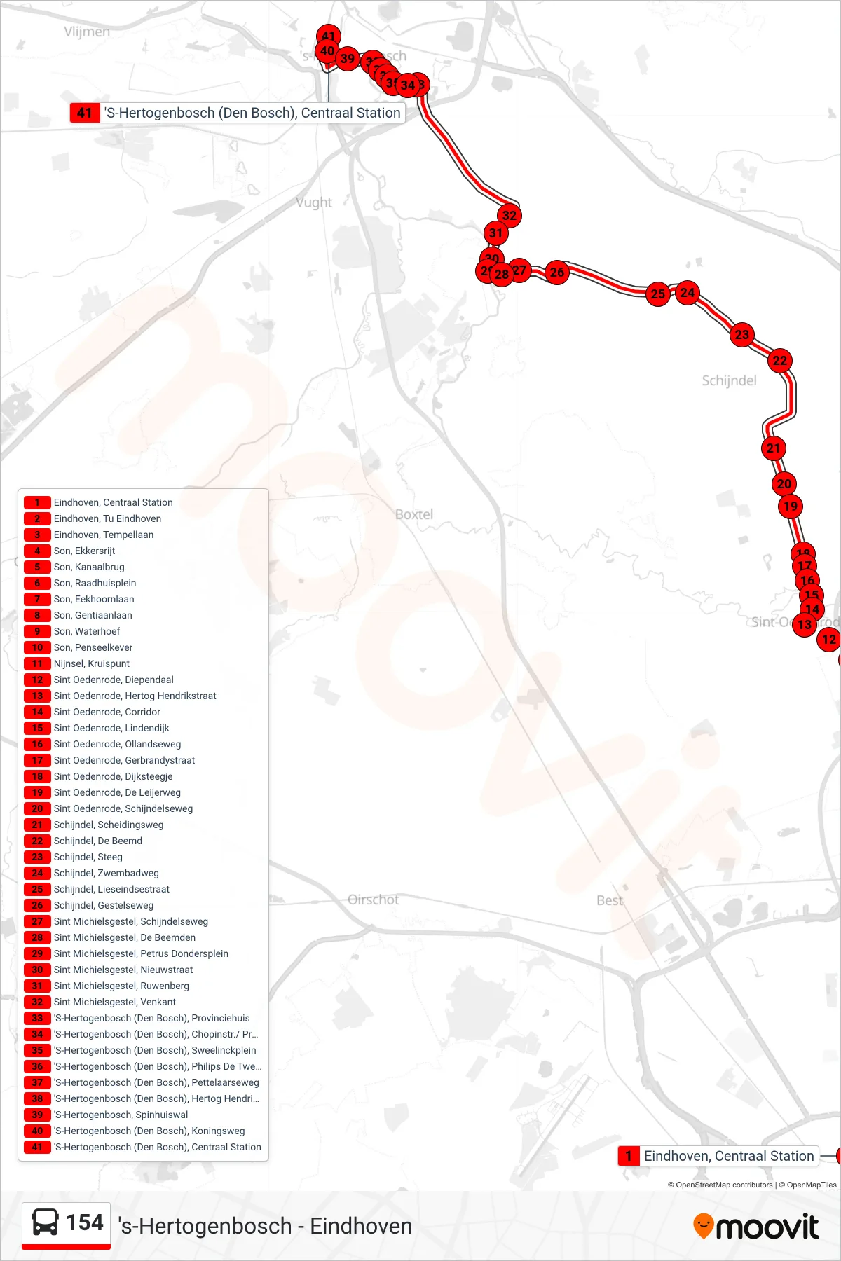 Lijn 154 (bus, Den Bosch): route en haltes op de kaart