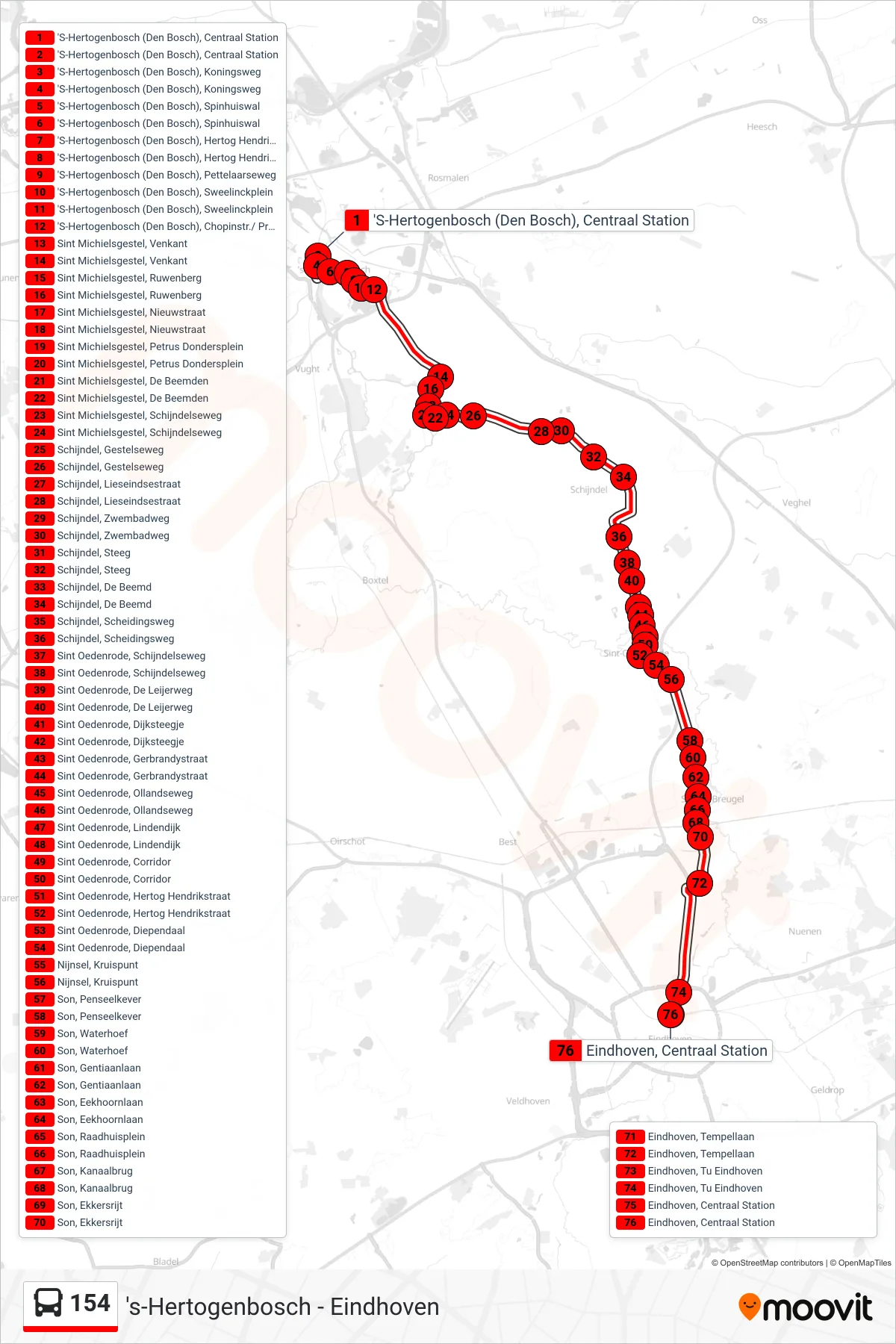 Lijn 154 (bus, Eindhoven): route en haltes op de kaart