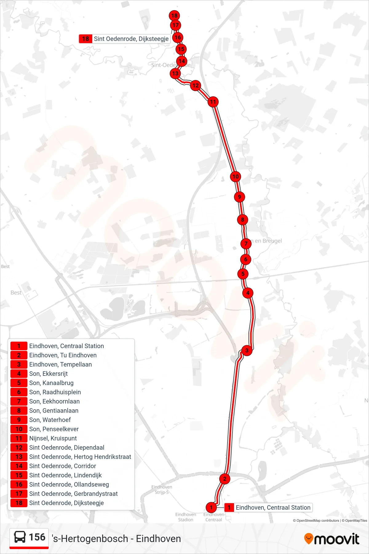 Lijn 156 (bus, Sint Oedenrode): route en haltes op de kaart