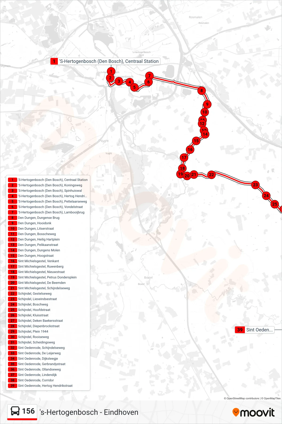 Lijn 156 (bus, Sint Oedenrode): route en haltes op de kaart