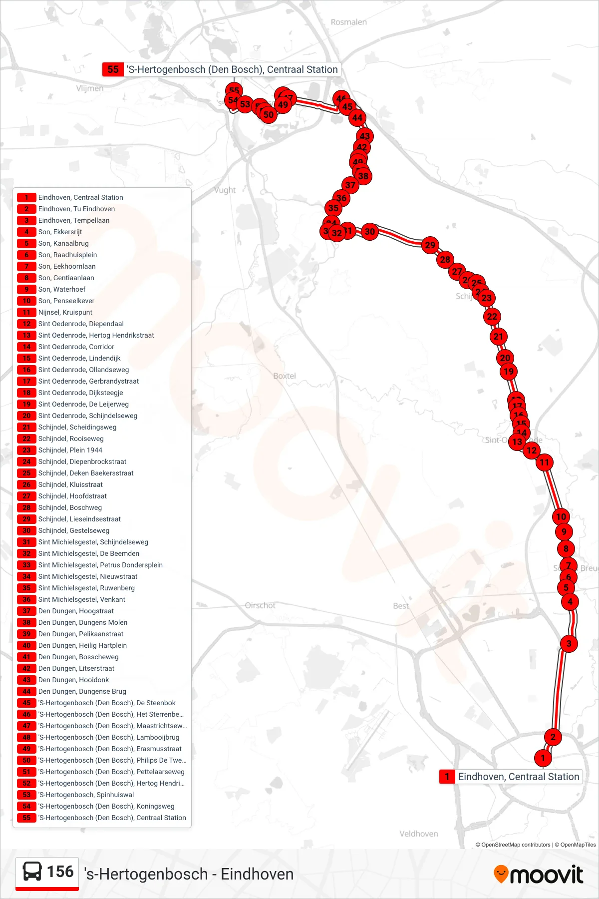Lijn 156 (bus, Den Bosch): route en haltes op de kaart