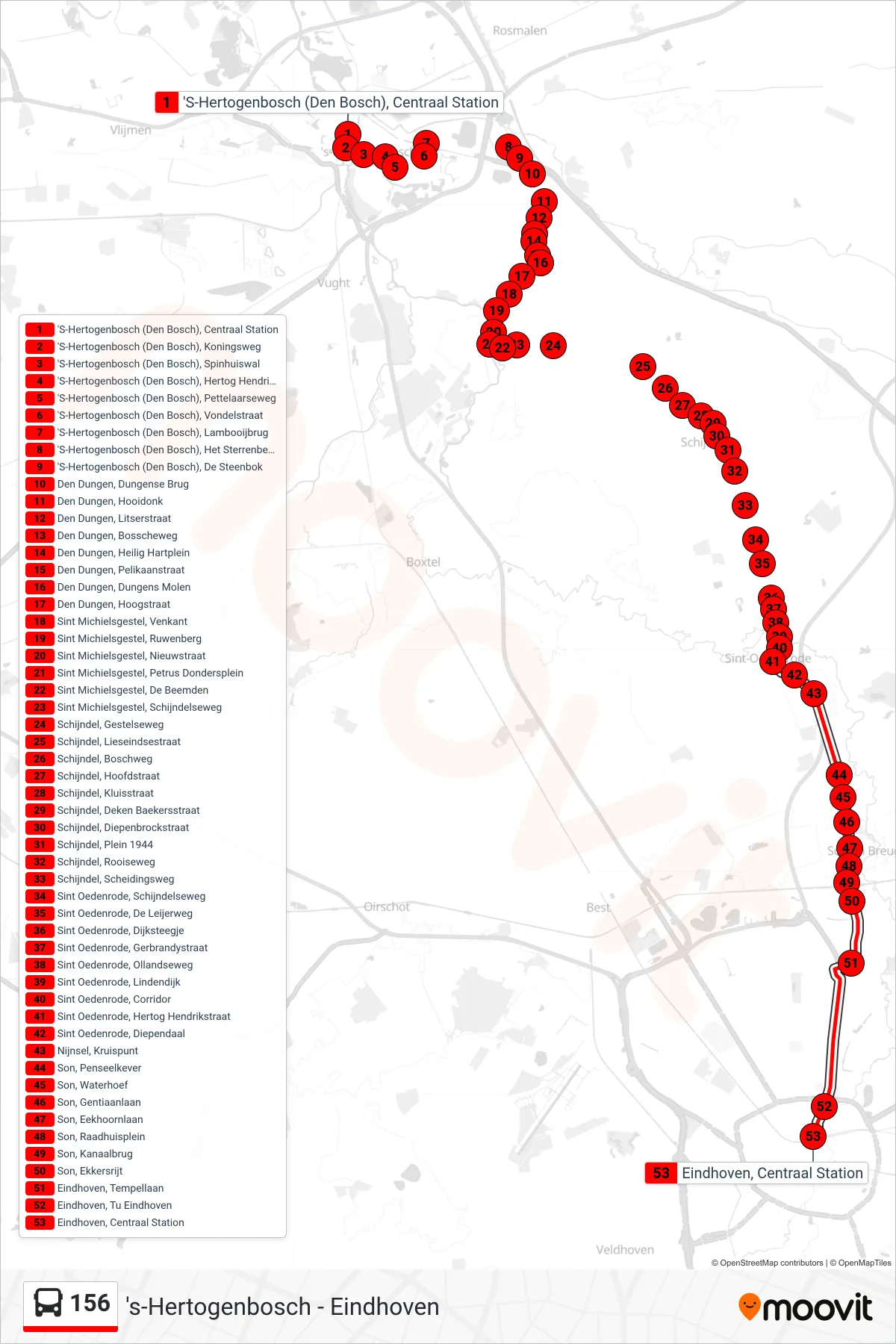 156 bus Line (Eindhoven) route and stops on a map
