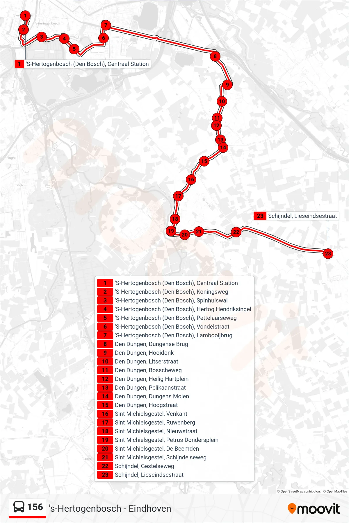 Lijn 156 (bus, Schijndel): route en haltes op de kaart
