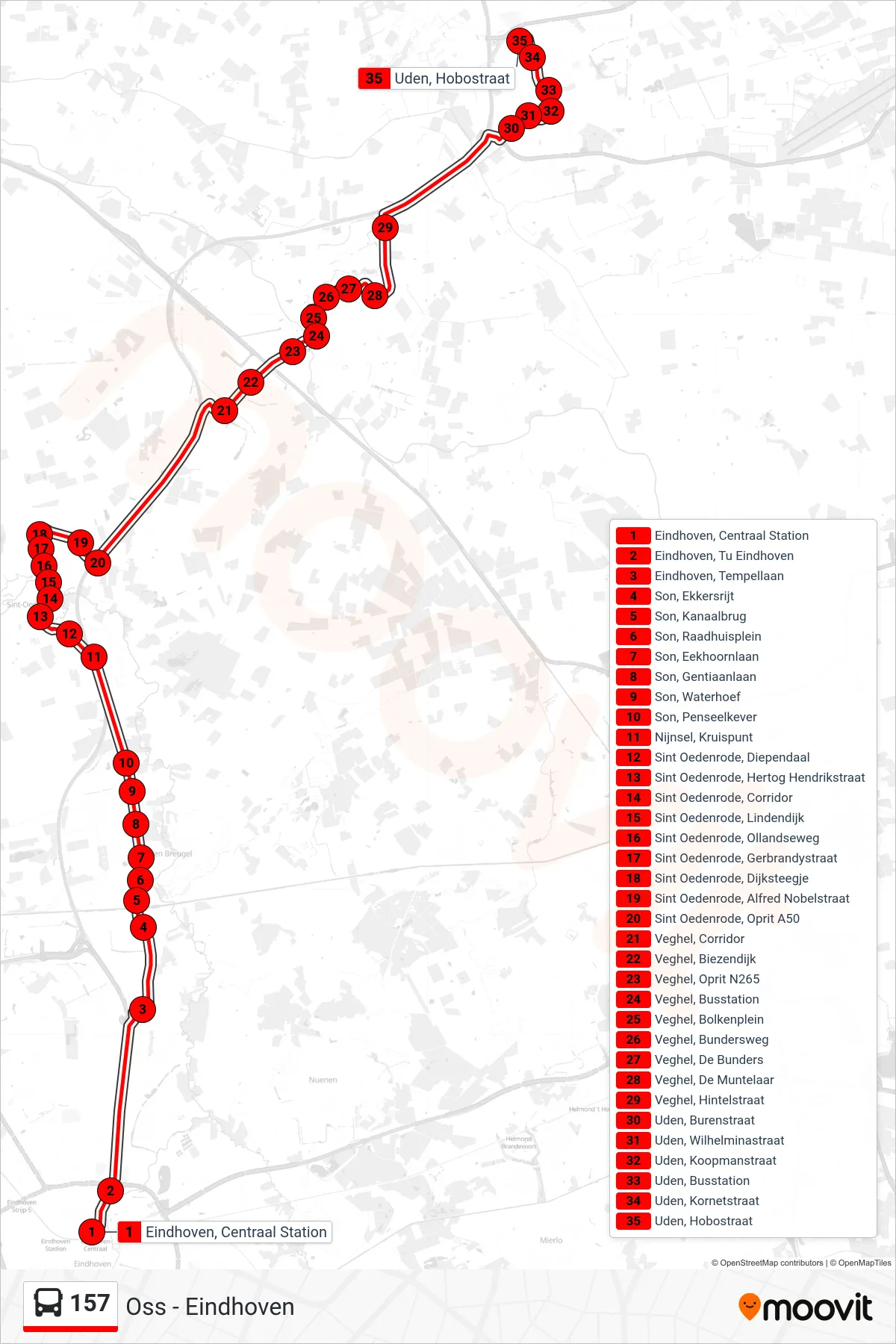 Lijn 157 (bus, Uden): route en haltes op de kaart